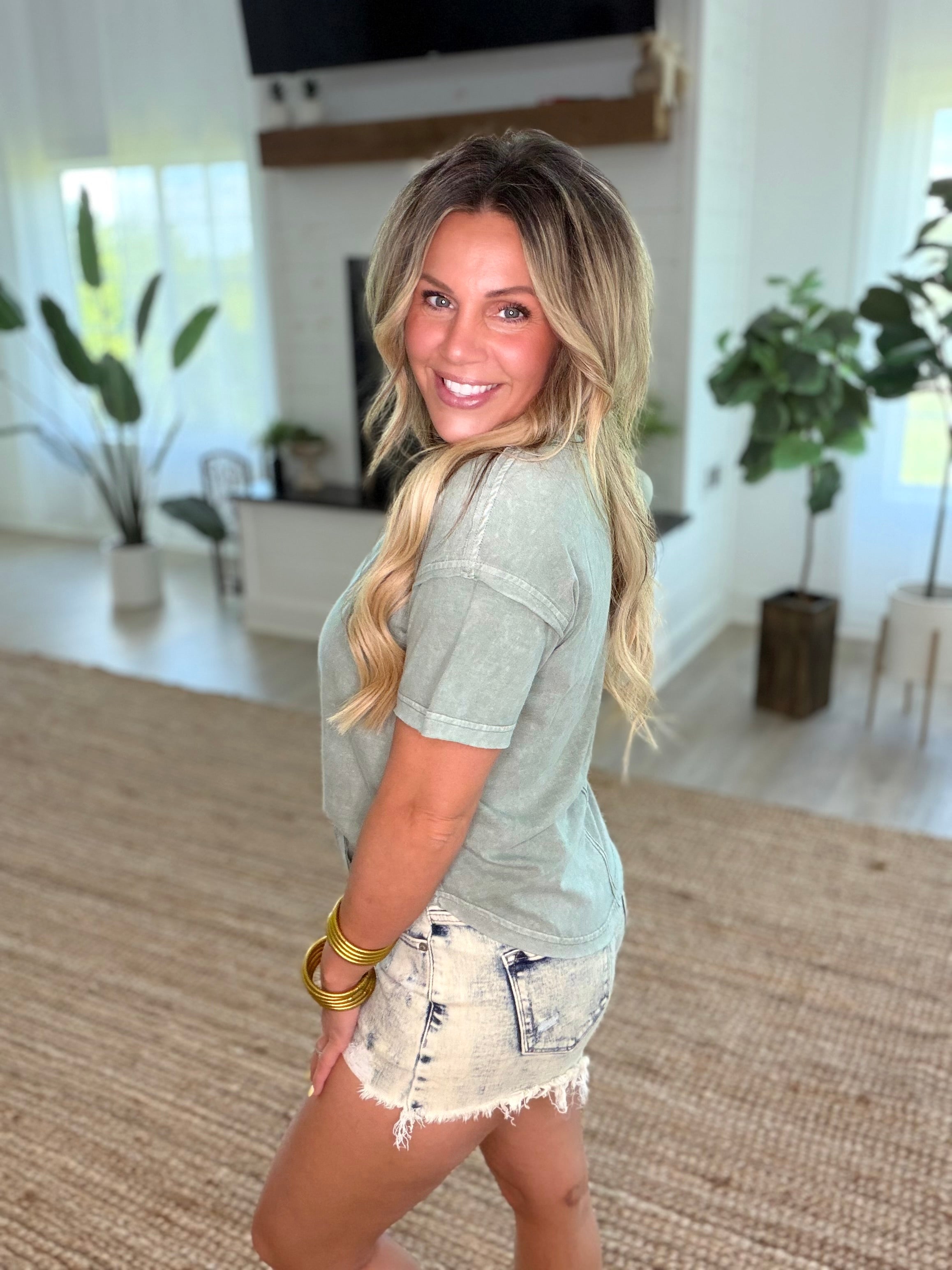Olive Washed Scoop Neck Raw Edge Short Sleeve Top