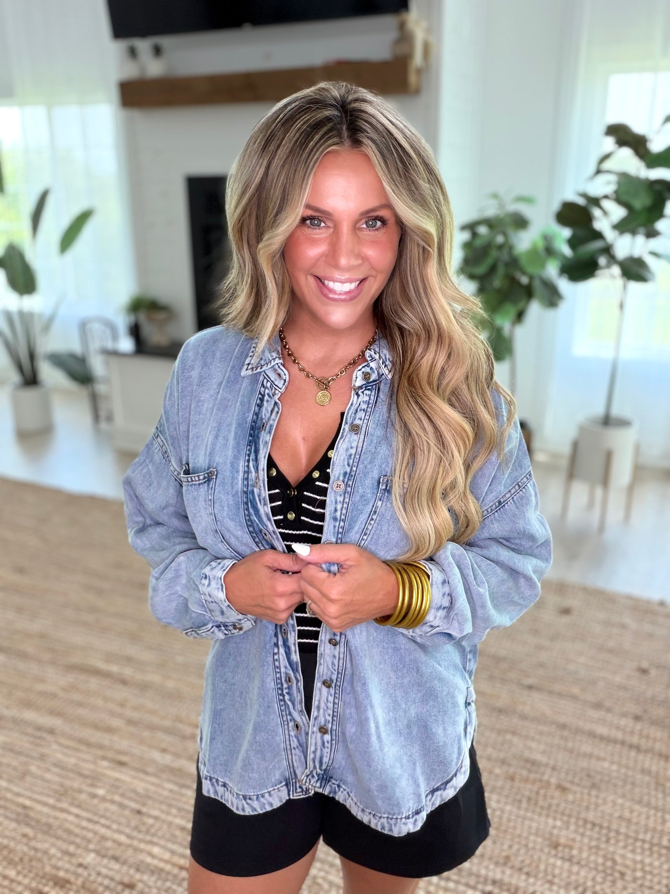 Chambray Washed Button Down Long Sleeve Lightweight Shirt Jacket