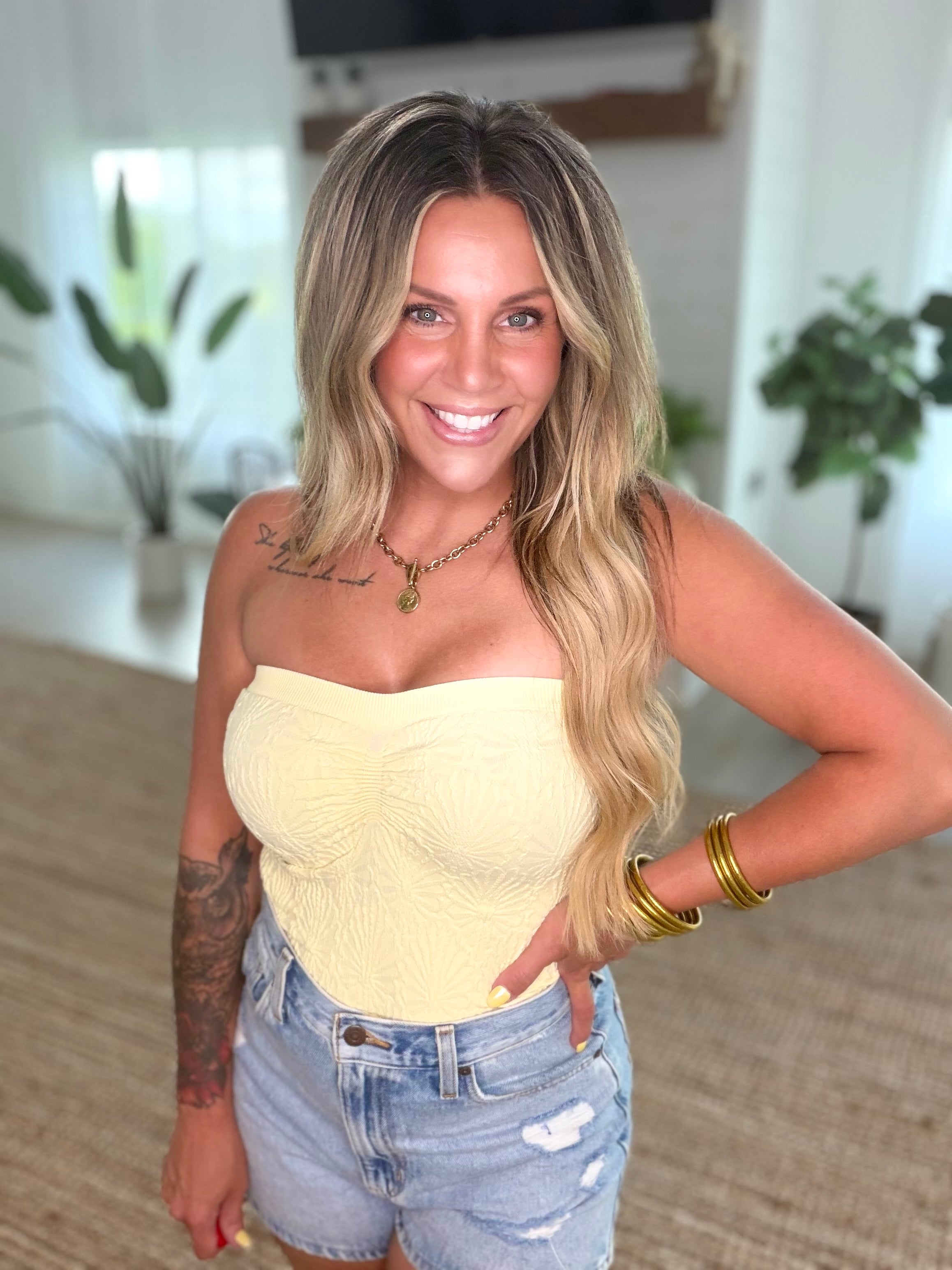 Nikibiki Pale Banana Lace Textured Tube Top
