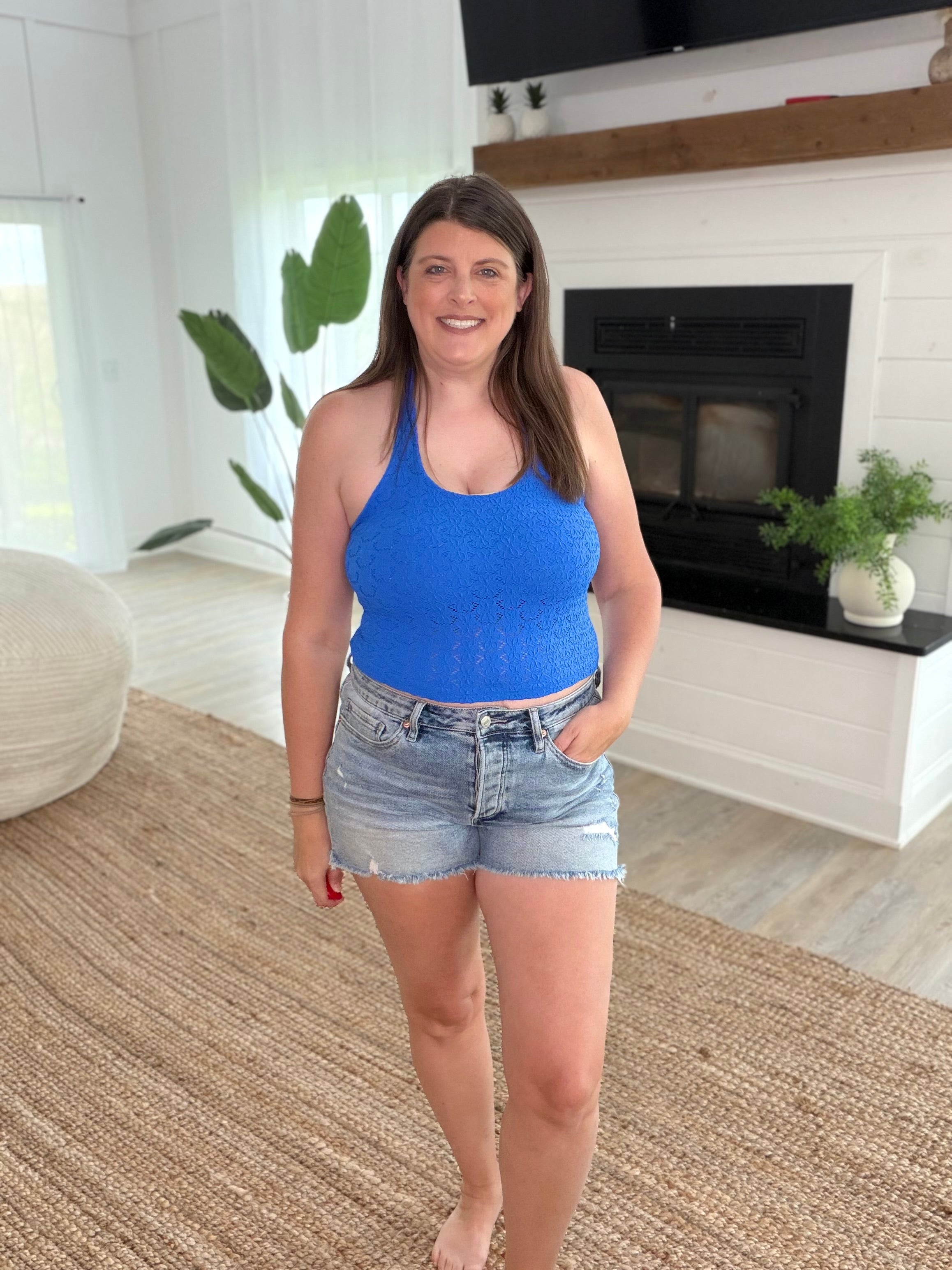 Nikibiki Royal Blue Floral Lace Halter Crop Top