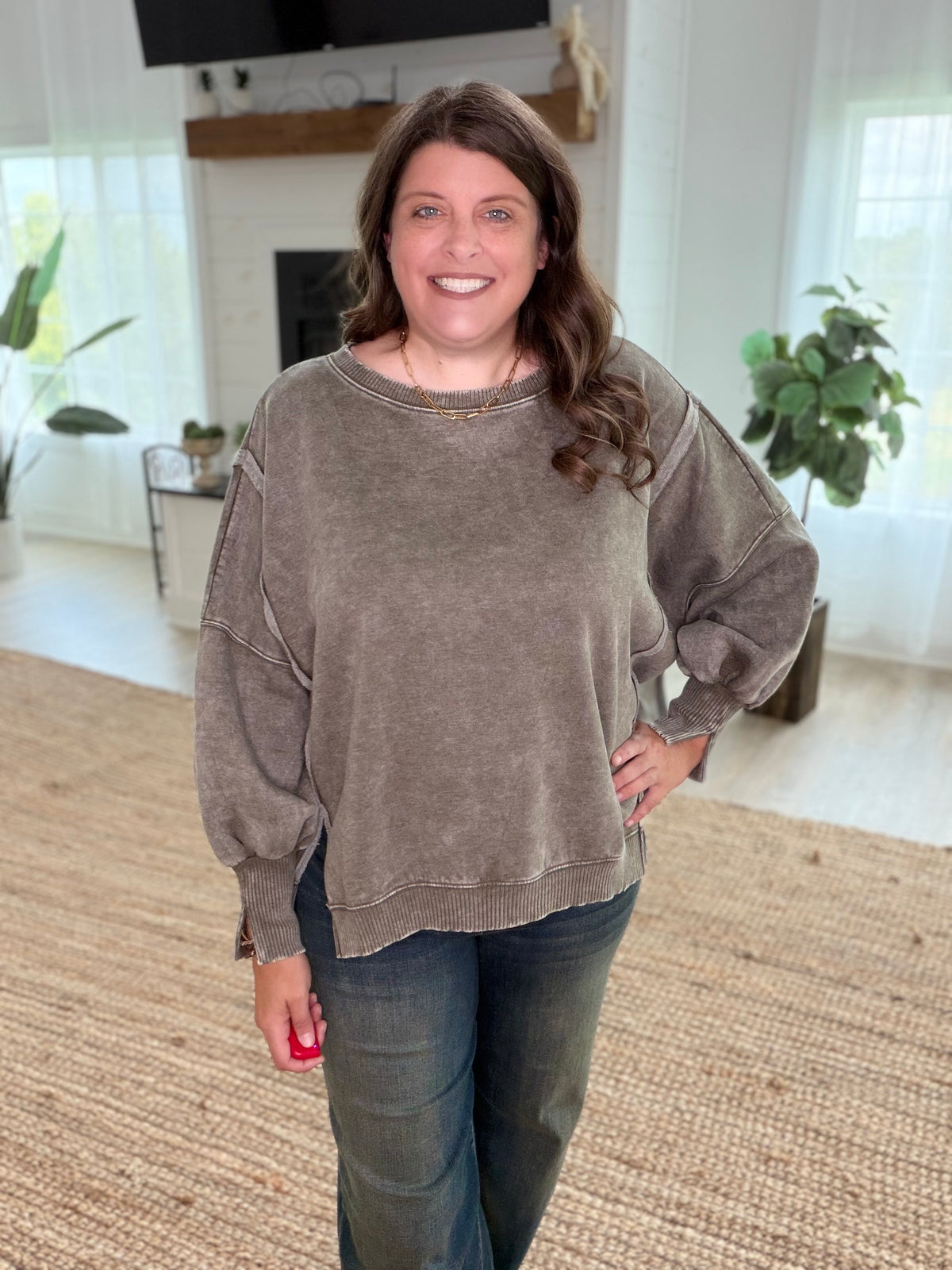 Dark Olive Acid Washed Batwing Sleeve Hi-Low Fleece Sweatshirt