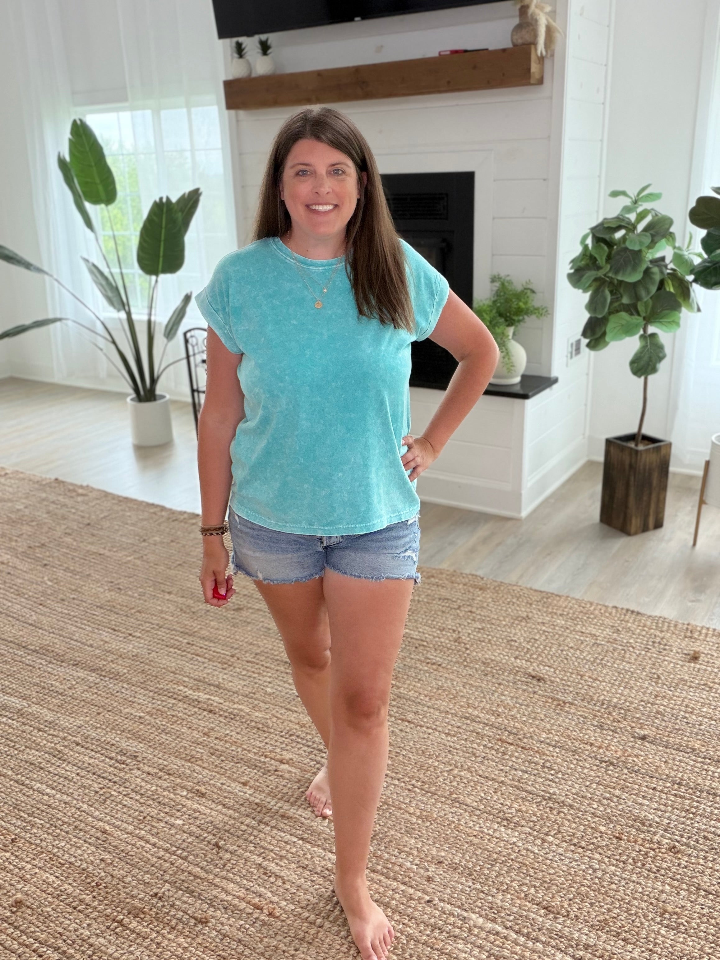 Turquoise Halo Washed Cuffed Short Sleeve Tee