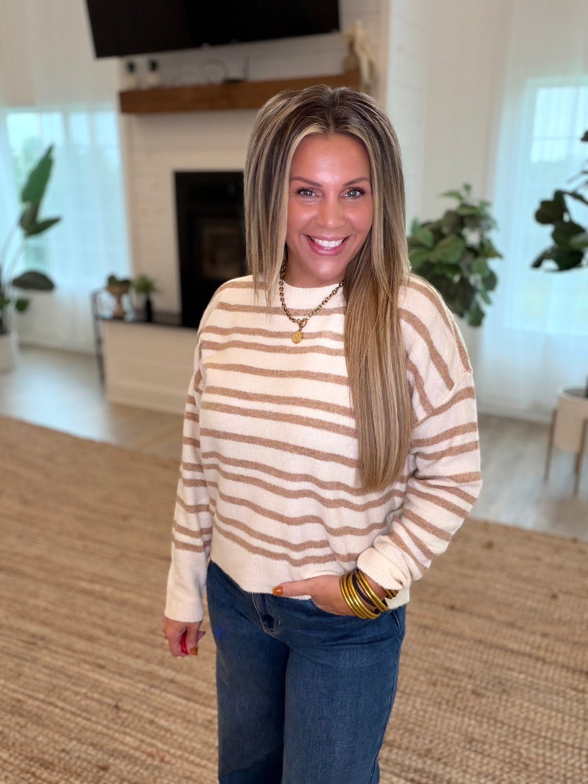Taupe Striped Crew Neck Sweater