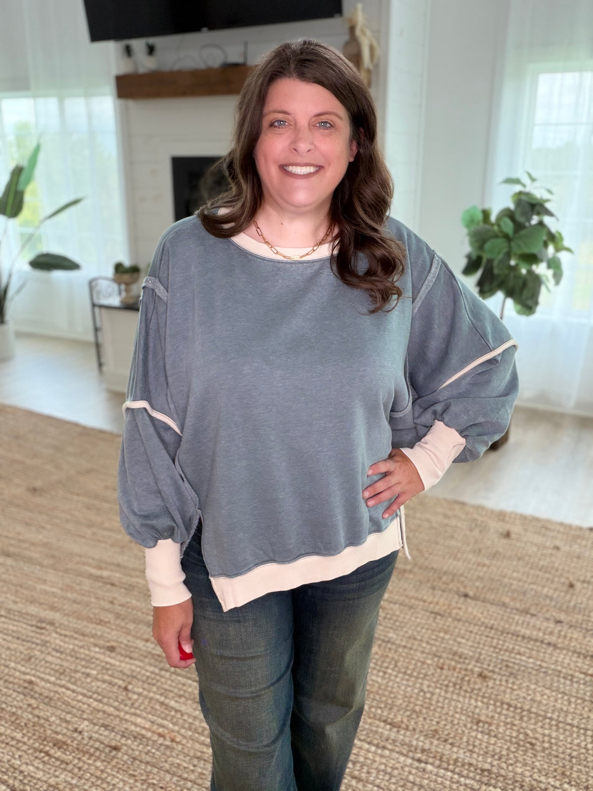 Ash Jade Fleece Acid Washed Contrast Trim Balloon Sleeve Sweatshirt