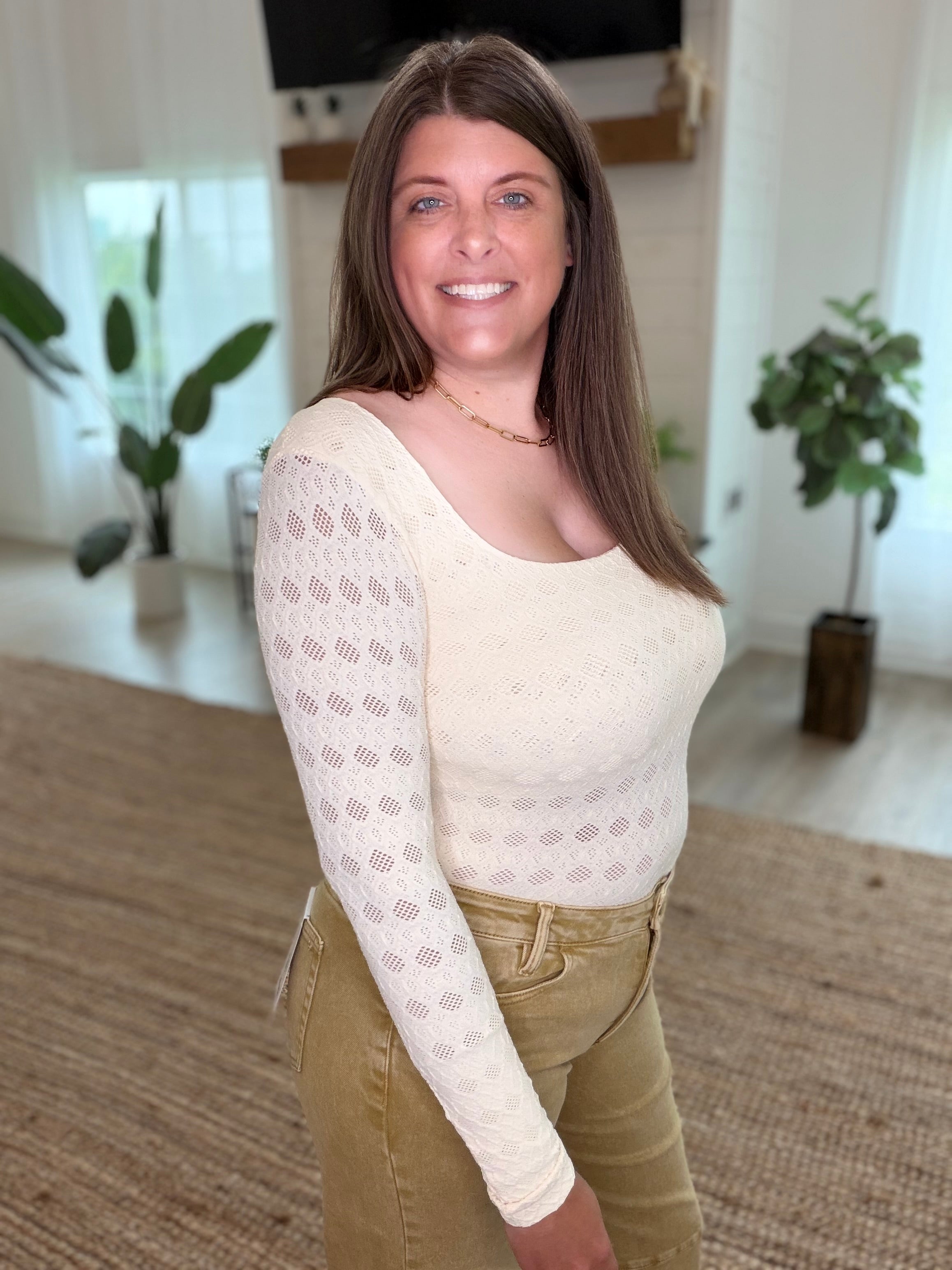 Nikibiki Butter Cream Lace Textured Square LS Top
