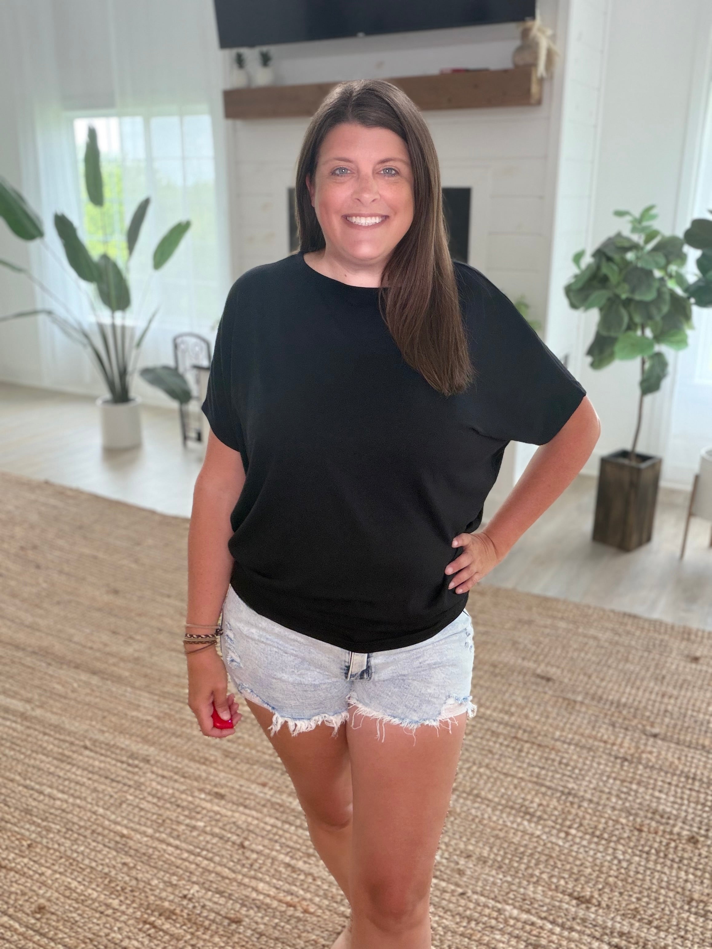 Black Hacci Dolman Sleeve Boat Neck Top