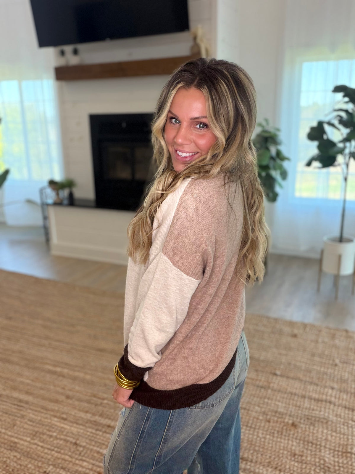 Brown Colorblock Crew Neck Sweater