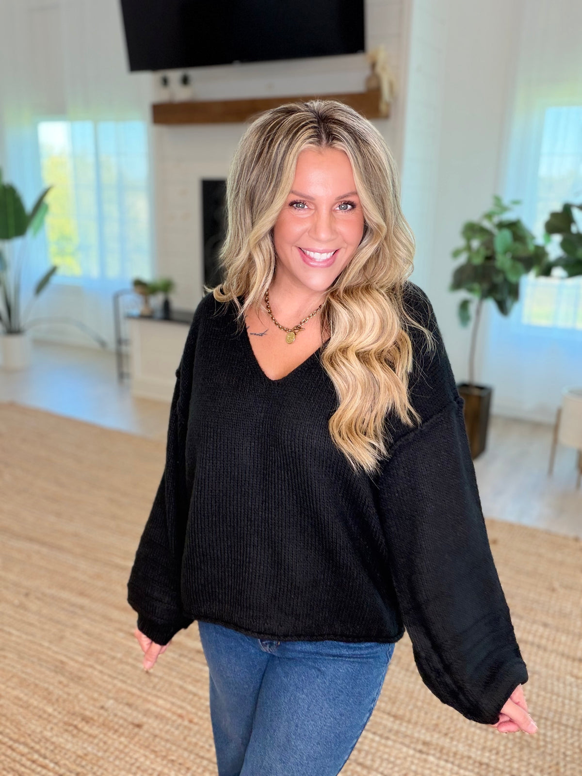 Black V Neck Balloon Sleeve Sweater