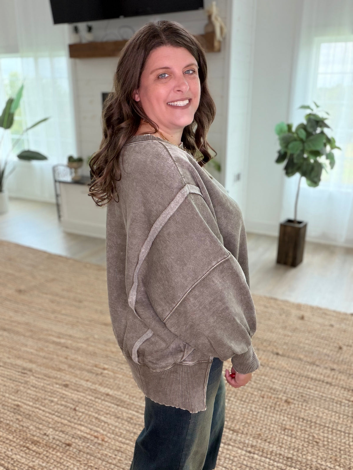 Dark Olive Acid Washed Batwing Sleeve Hi-Low Fleece Sweatshirt