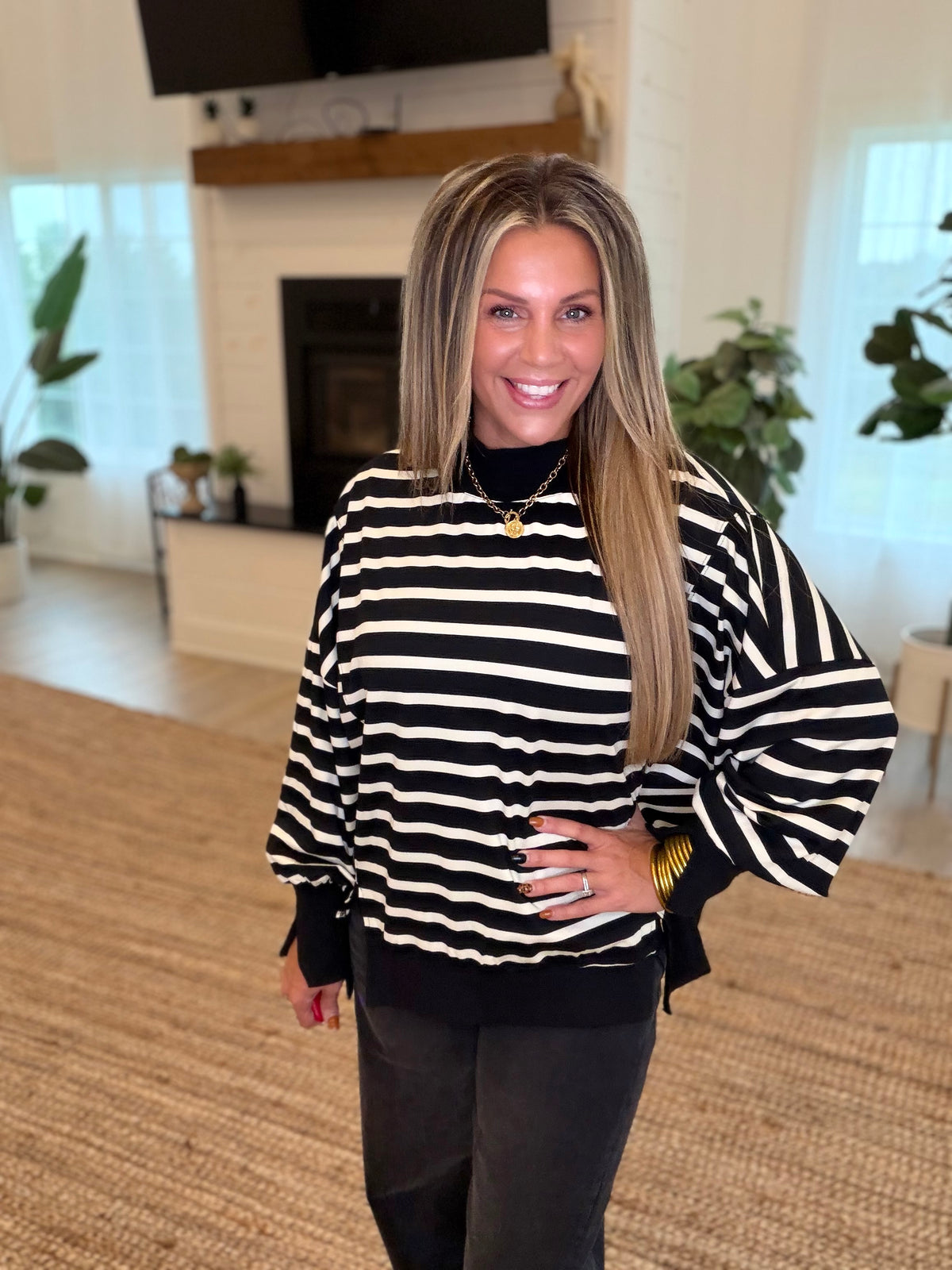 Black and Cream Striped Mock Neck Top