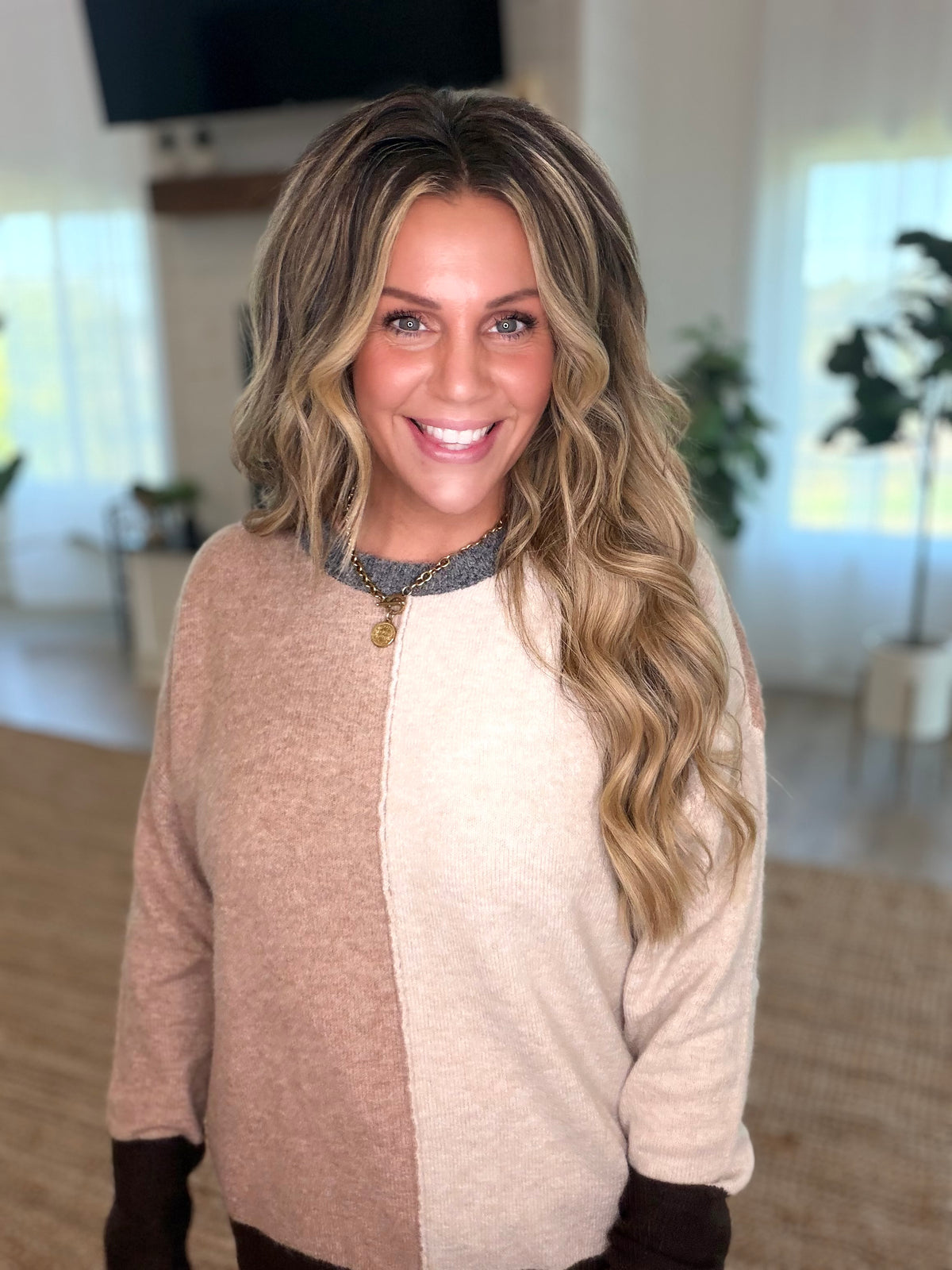 Brown Colorblock Crew Neck Sweater