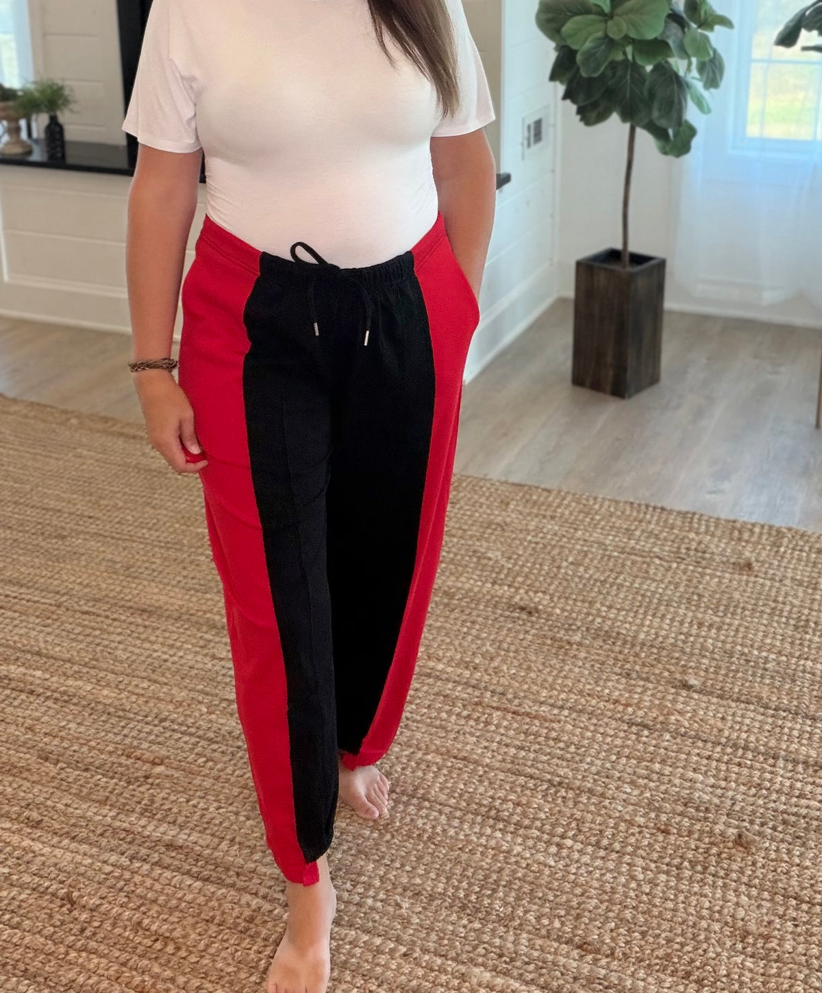 Red and Black Two Tone Spliced Barrel Leg Jogger Pants