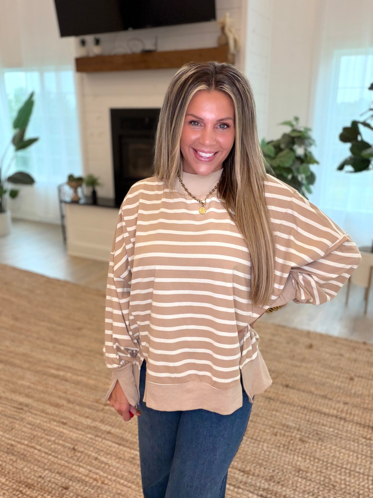 Taupe and Cream Striped Mock Neck Top