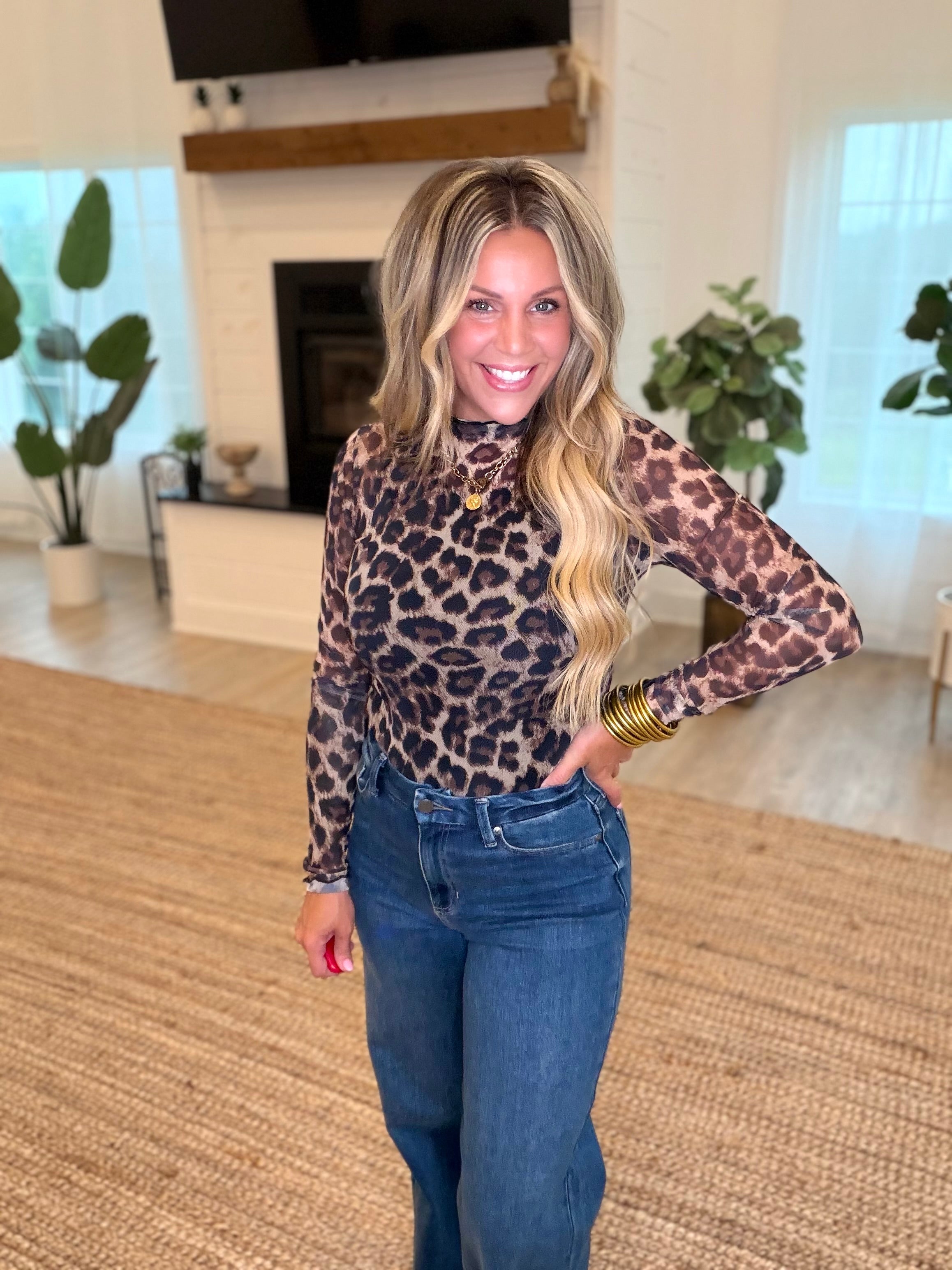 Mesh Leopard Print Long Sleeve Top