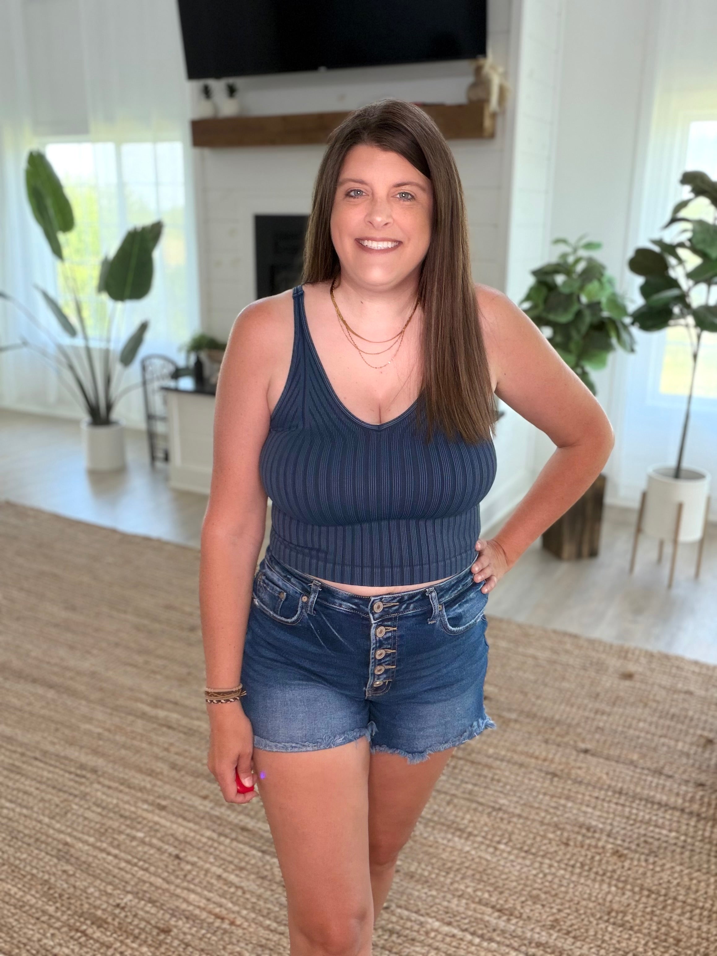 Nikibiki Vintage Denim Vintage Wide Ribbed V Neck Top