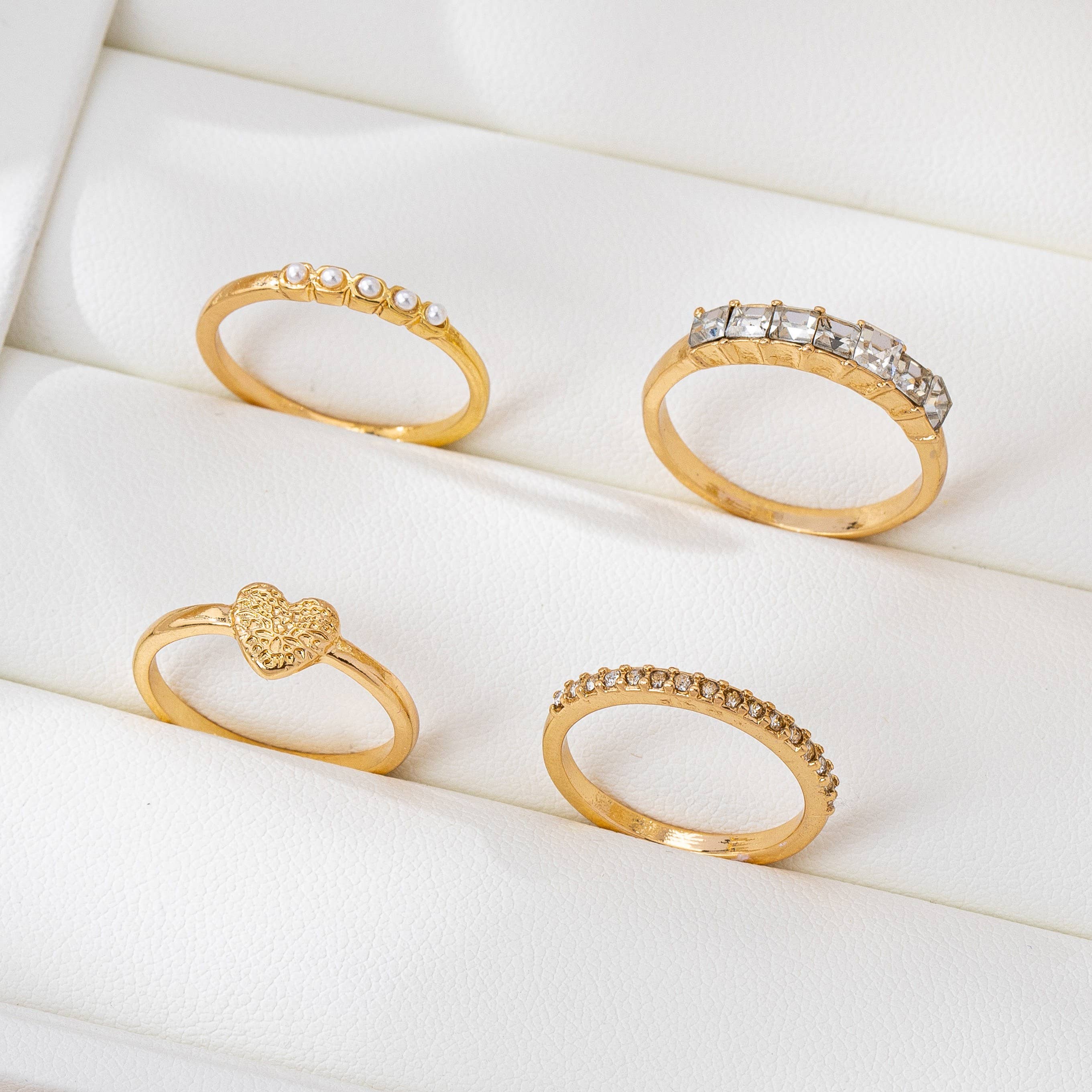 Gold-Tone Mixed Crystal & Pearl Stacking Ring Set