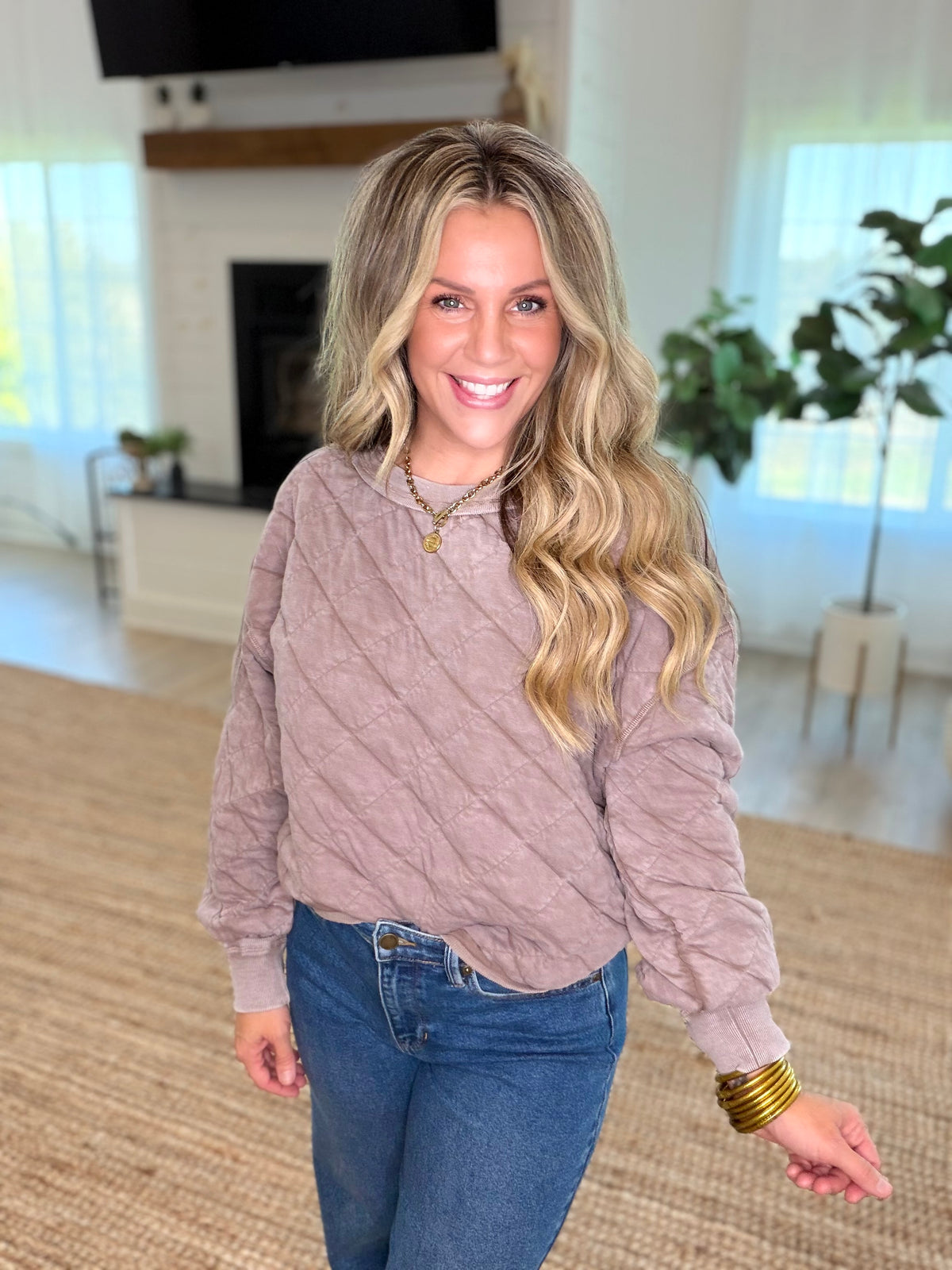 Mocha Mineral Washed Quilted Pullover
