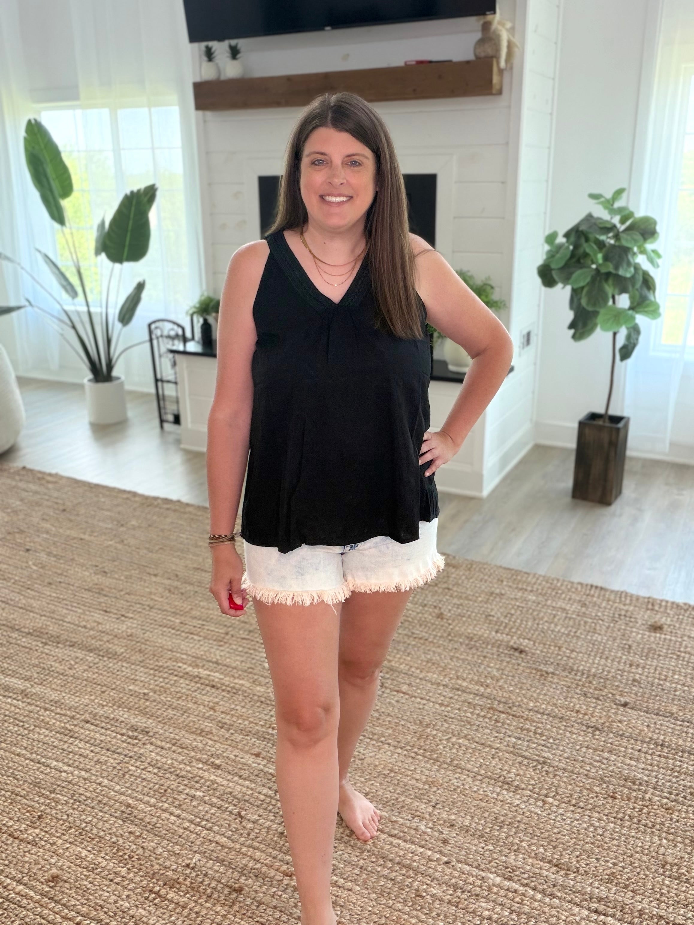 Black Braid Trimmed V-neck Top