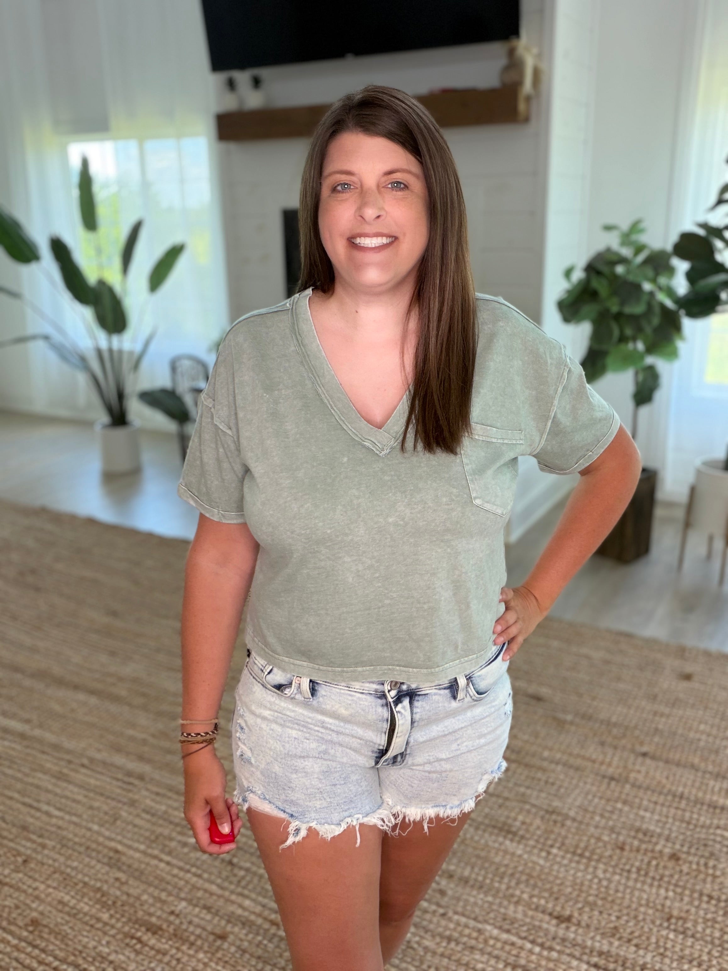 Olive Washed Exposed Seam V Neck Top
