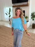 Aqua Blue Boat Neck Short Sleeve Tee