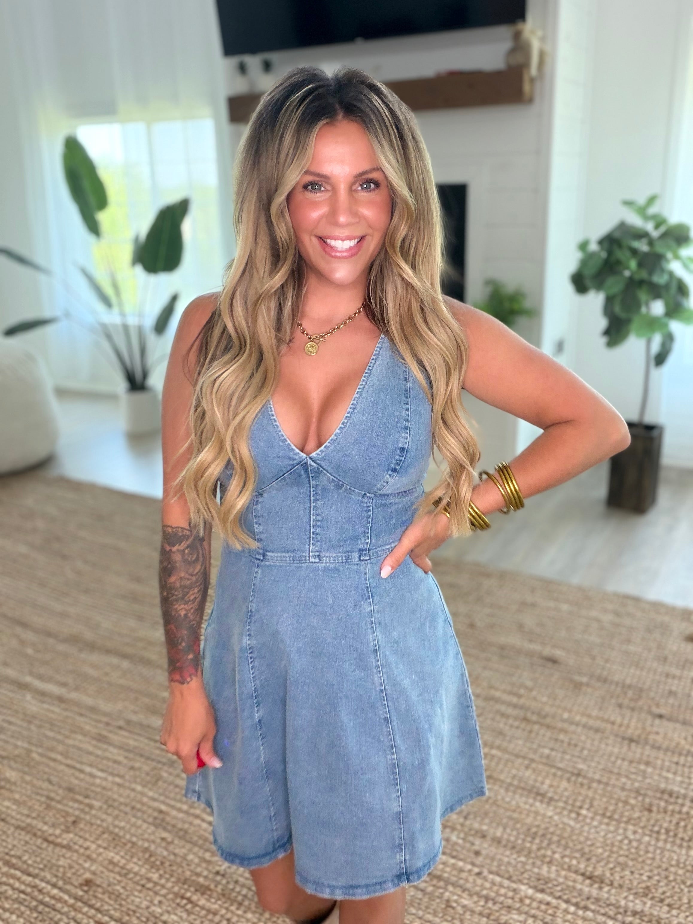 V-Neck Stretch Denim Dress