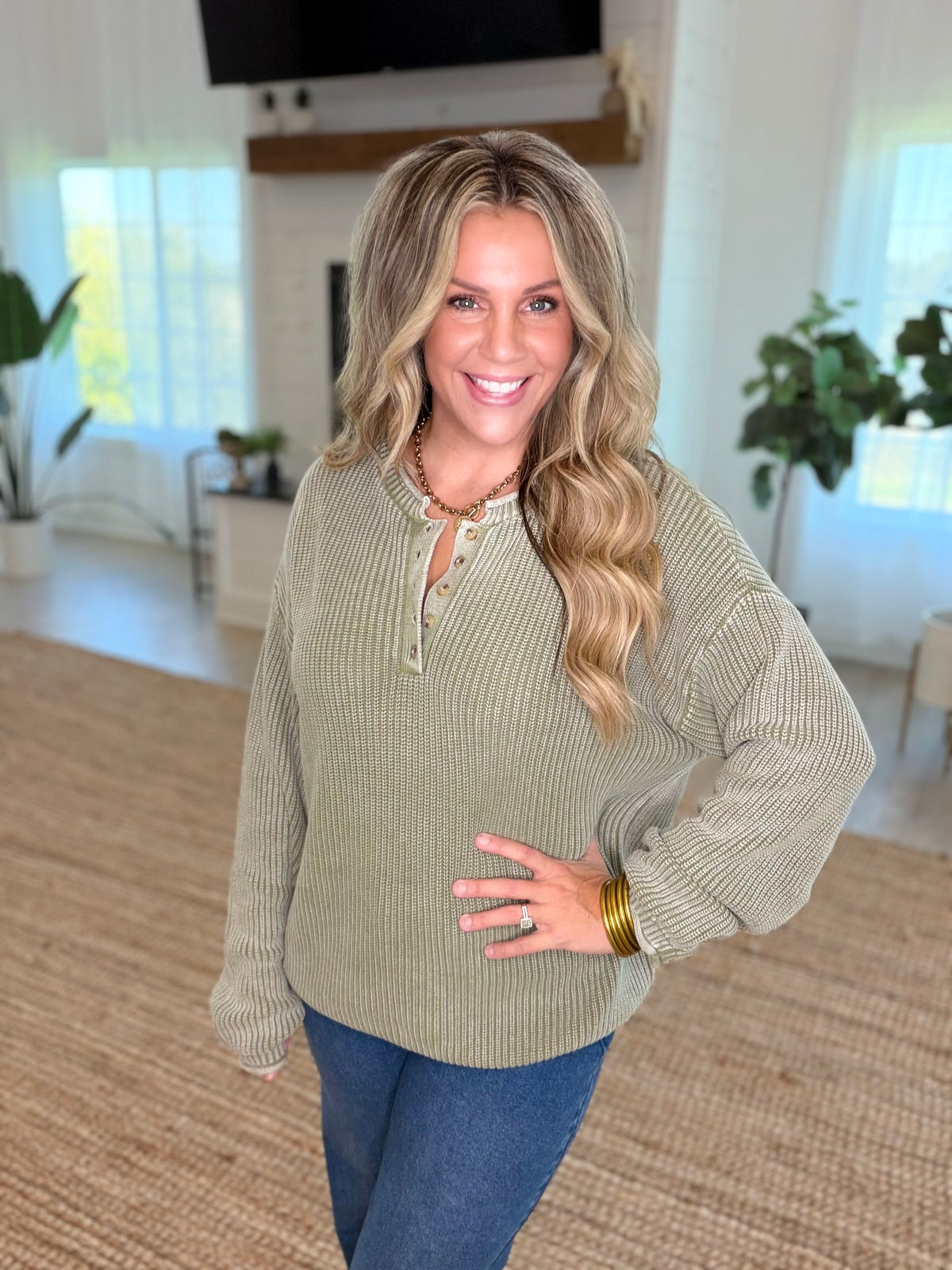 Light Olive Washed Ribbed Henley Drop Shoulder Sweater