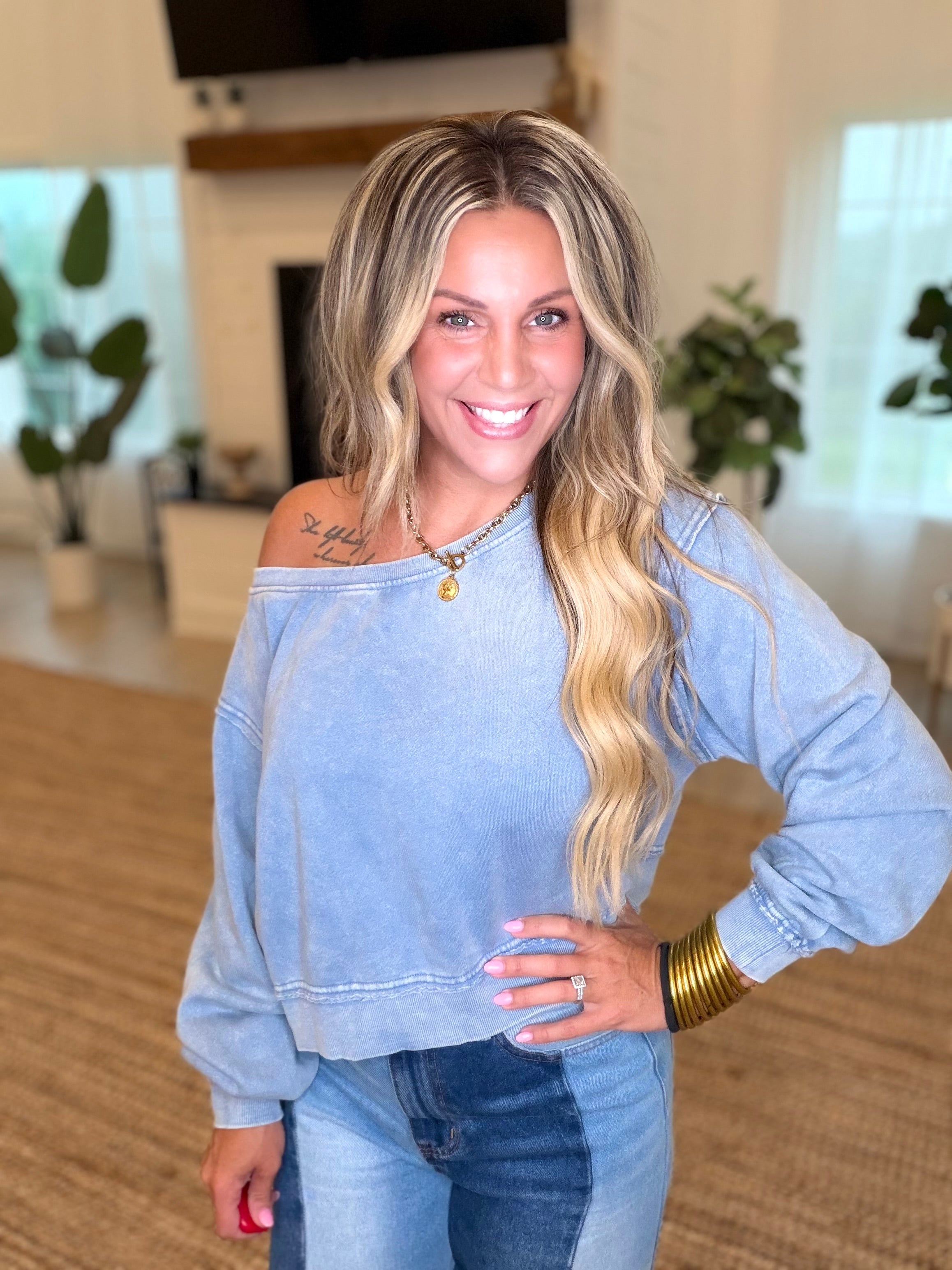 Dusty Blue Raw Edge Acid Wash Off The Shoulder Sweatshirt