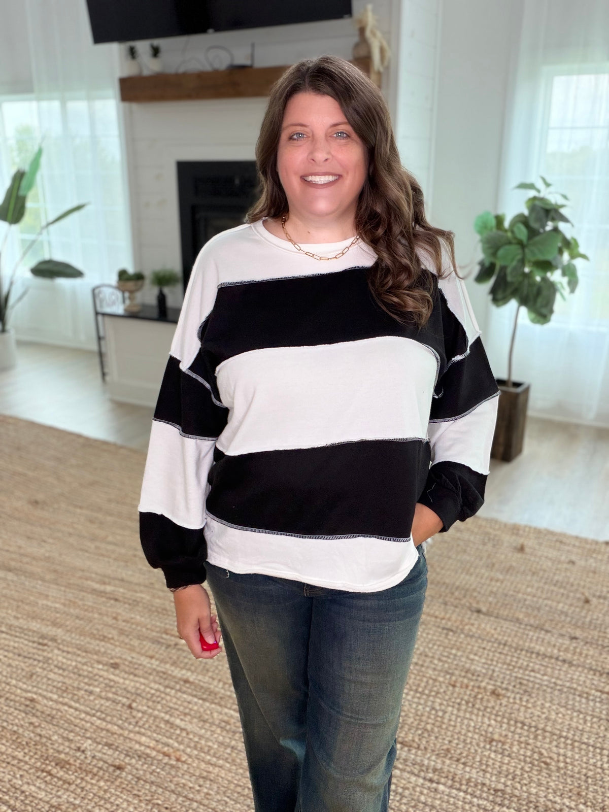 Black French Terry Color Block Exposed Seam Top