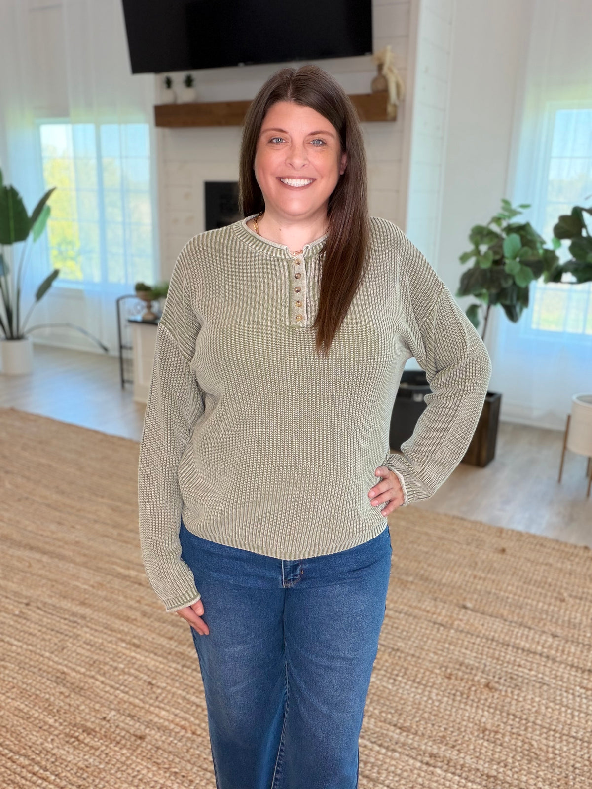Light Olive Washed Ribbed Henley Drop Shoulder Sweater