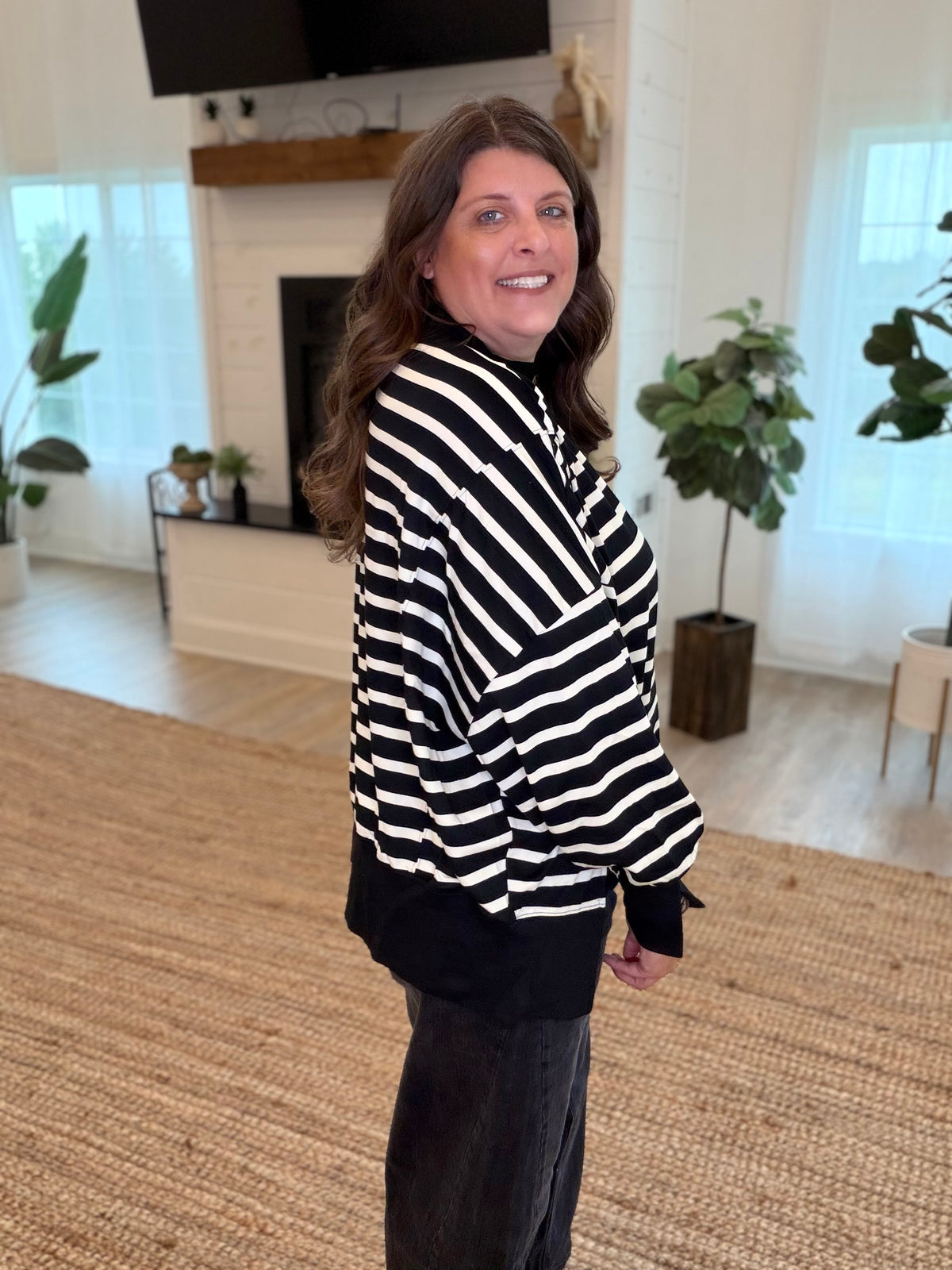 Black and Cream Striped Mock Neck Top