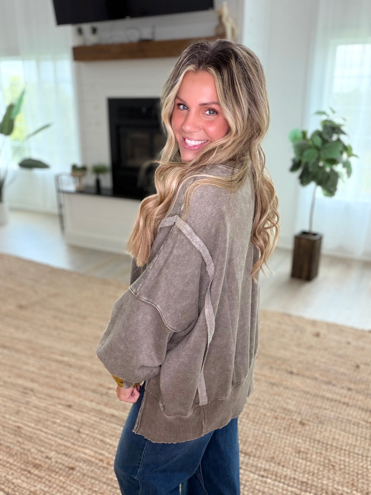 Dark Olive Acid Washed Batwing Sleeve Hi-Low Fleece Sweatshirt