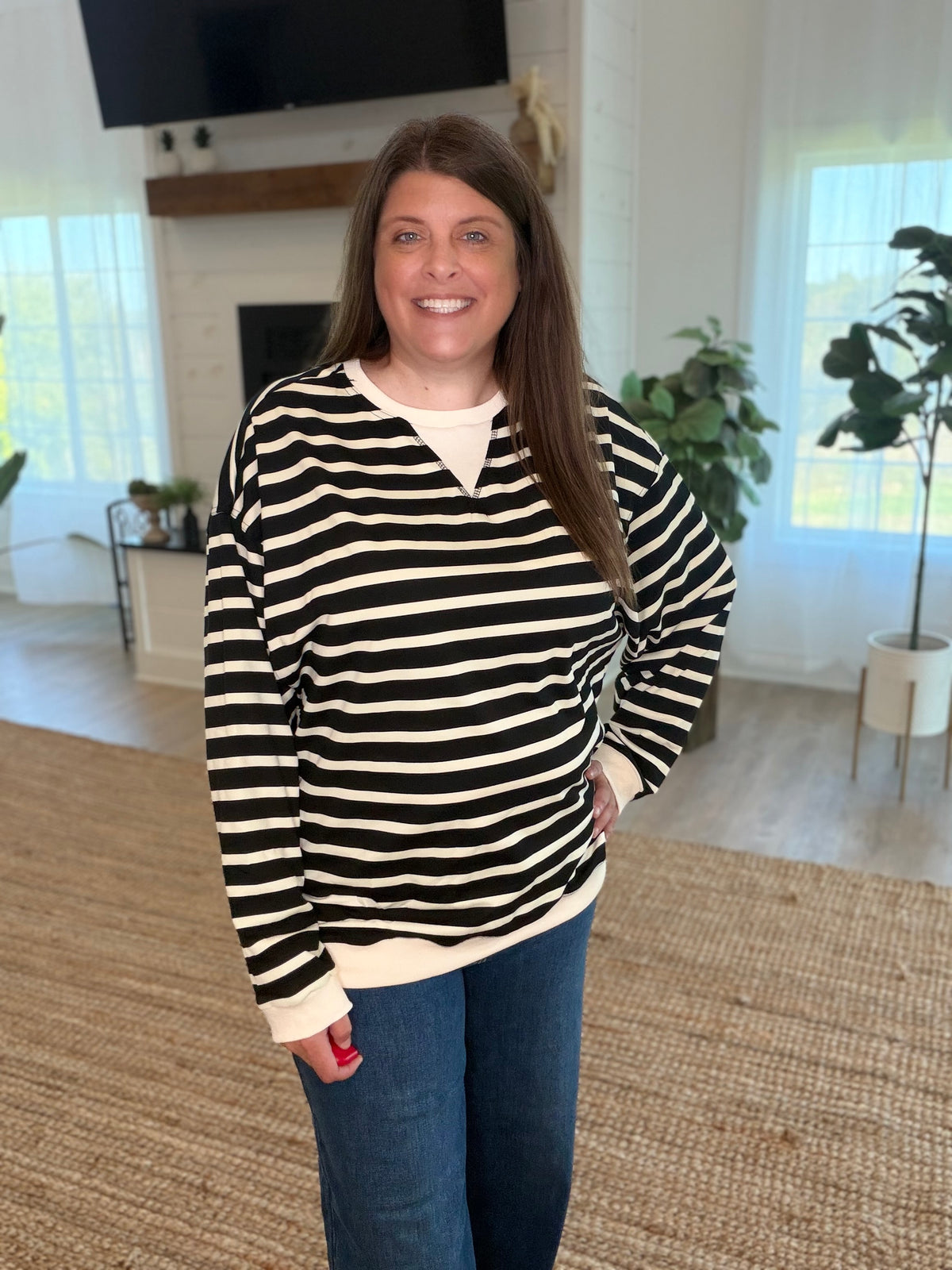 Black and Cream Striped Long Sleeve Pullover