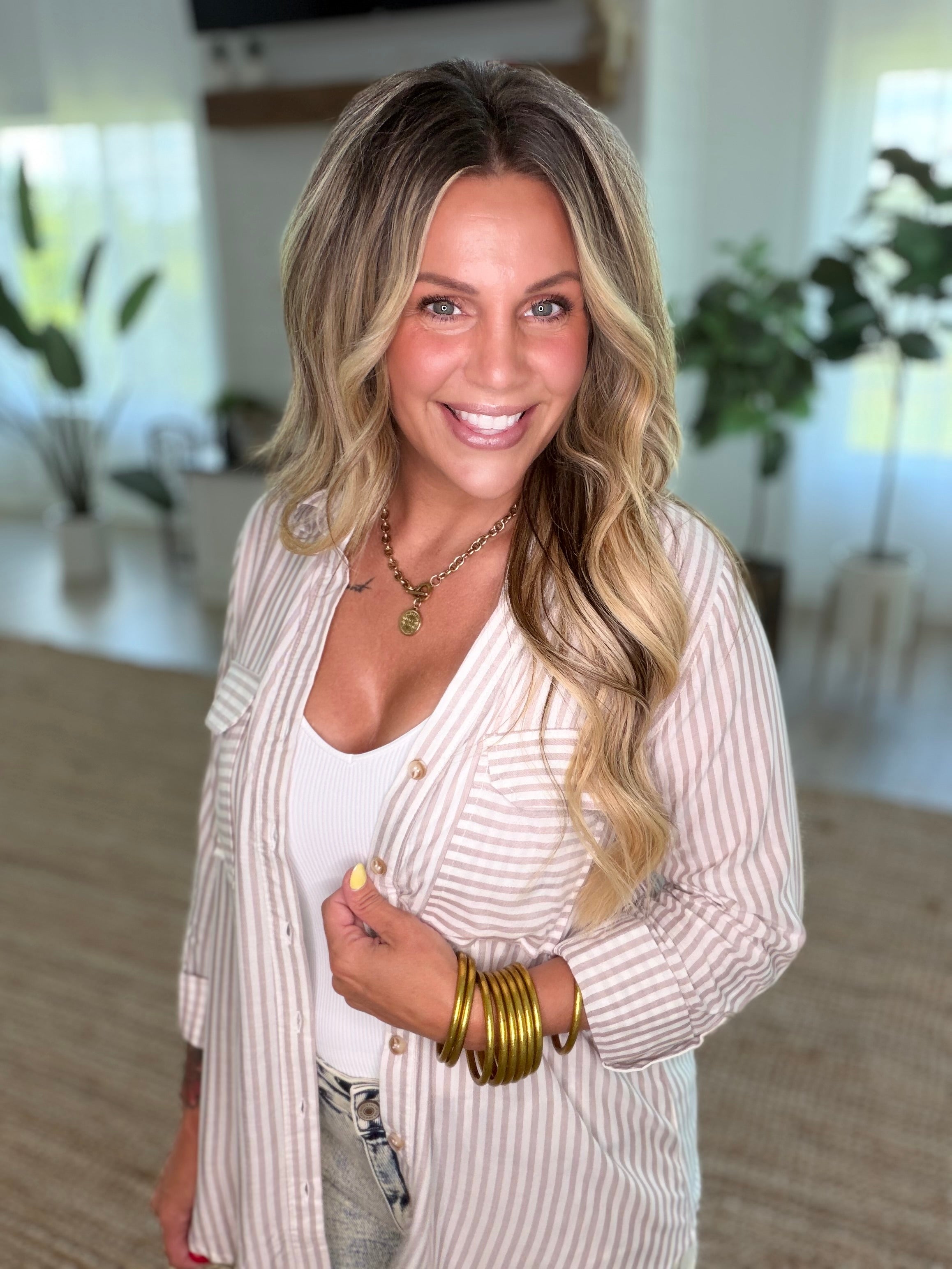Light Mocha Stripe Collard Button Down Lightweight Shirt