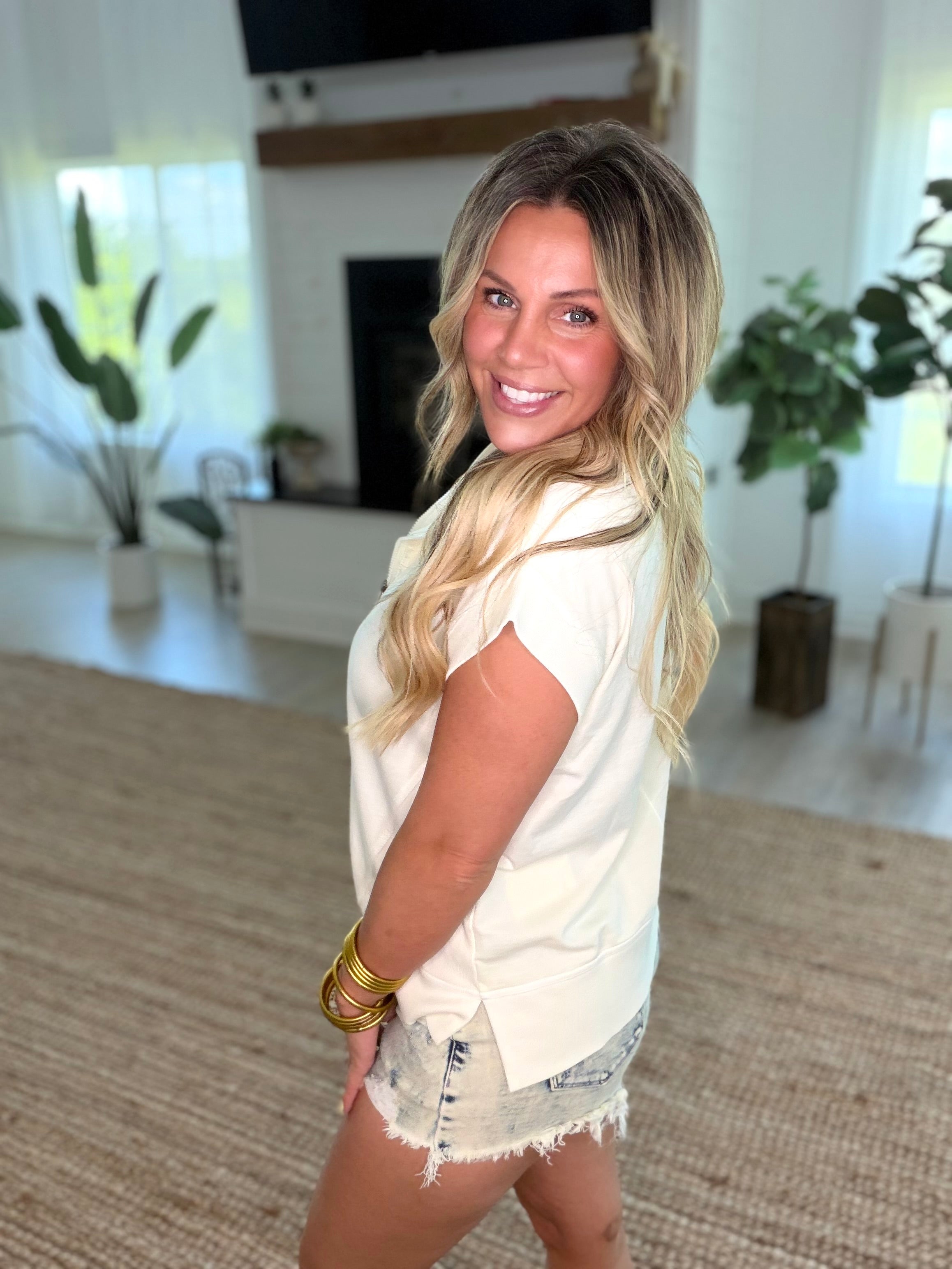 Cream Washed Half Zip Ribbed Detail Sleeveless Top