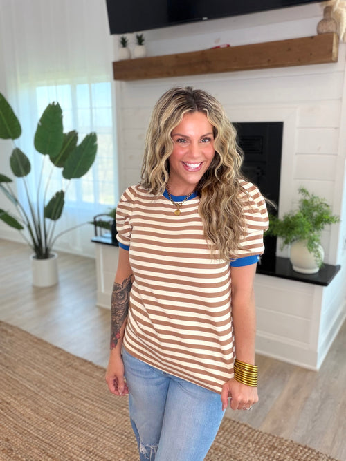 Brown Stripe Puff Sleeve Top