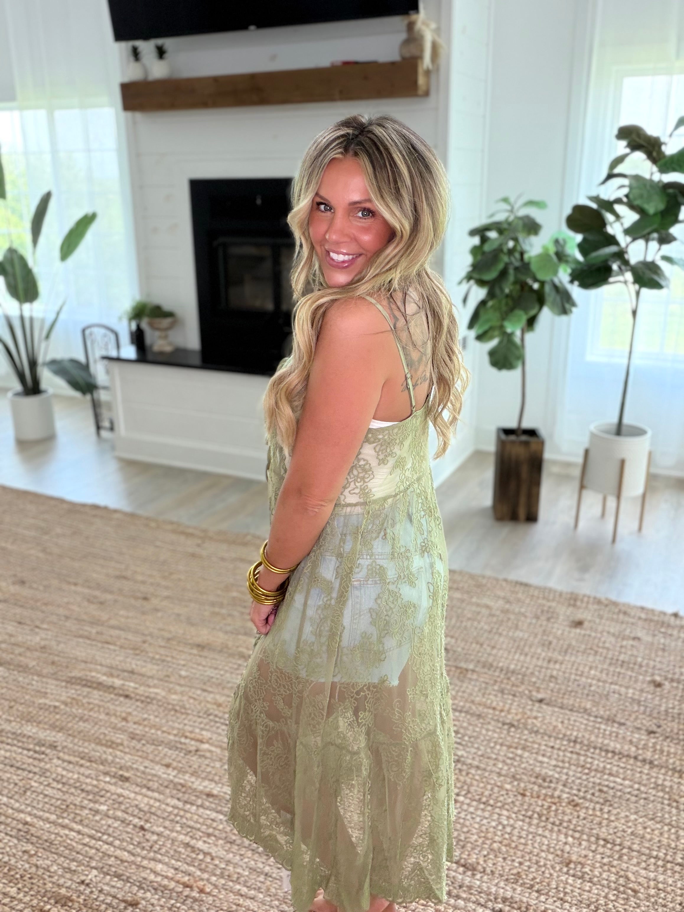 Light Olive Embroidered Lace Long Vest