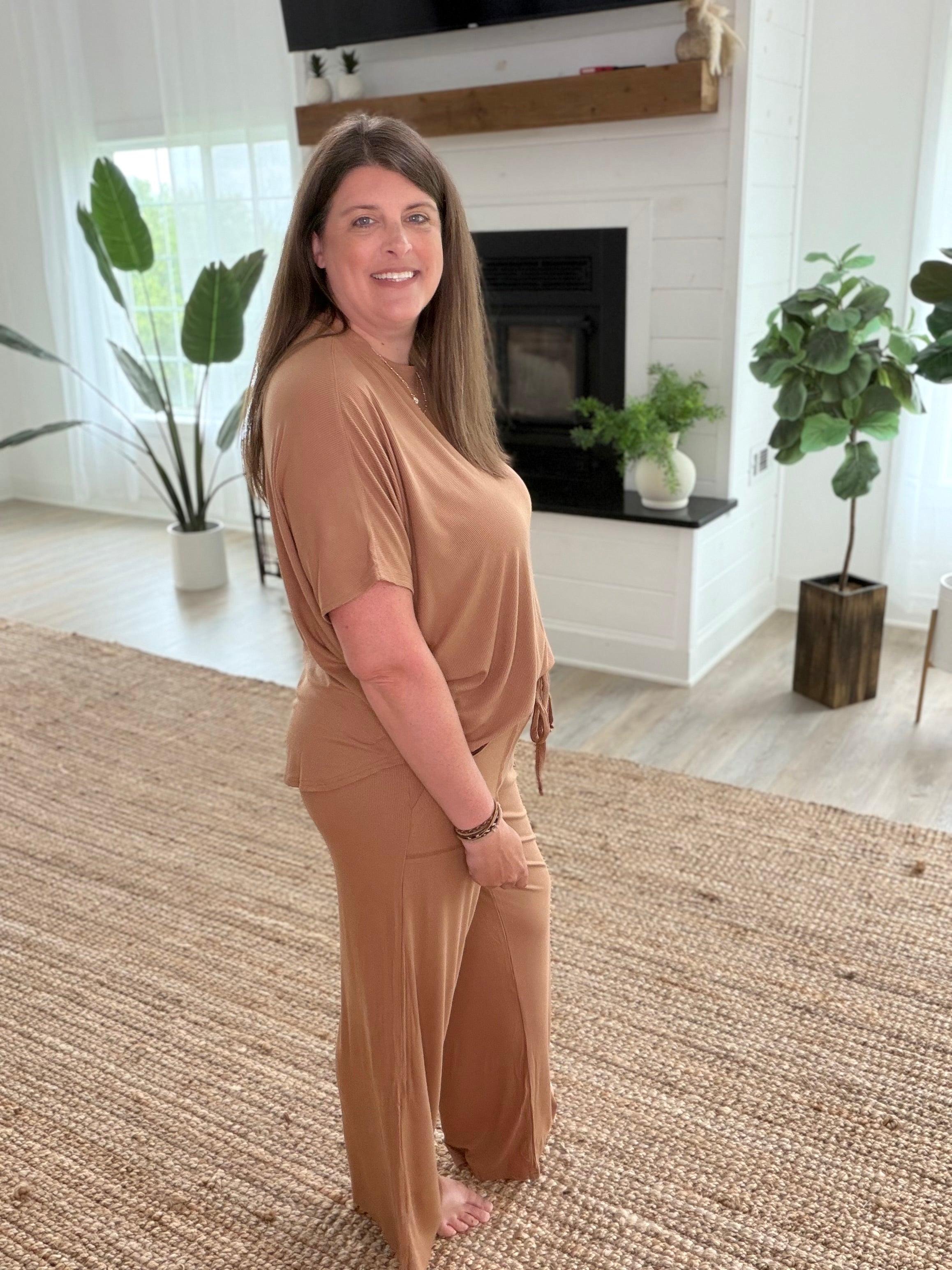 Deep Camel Ribbed Rayon Relaxed Fit Top & Pants Set