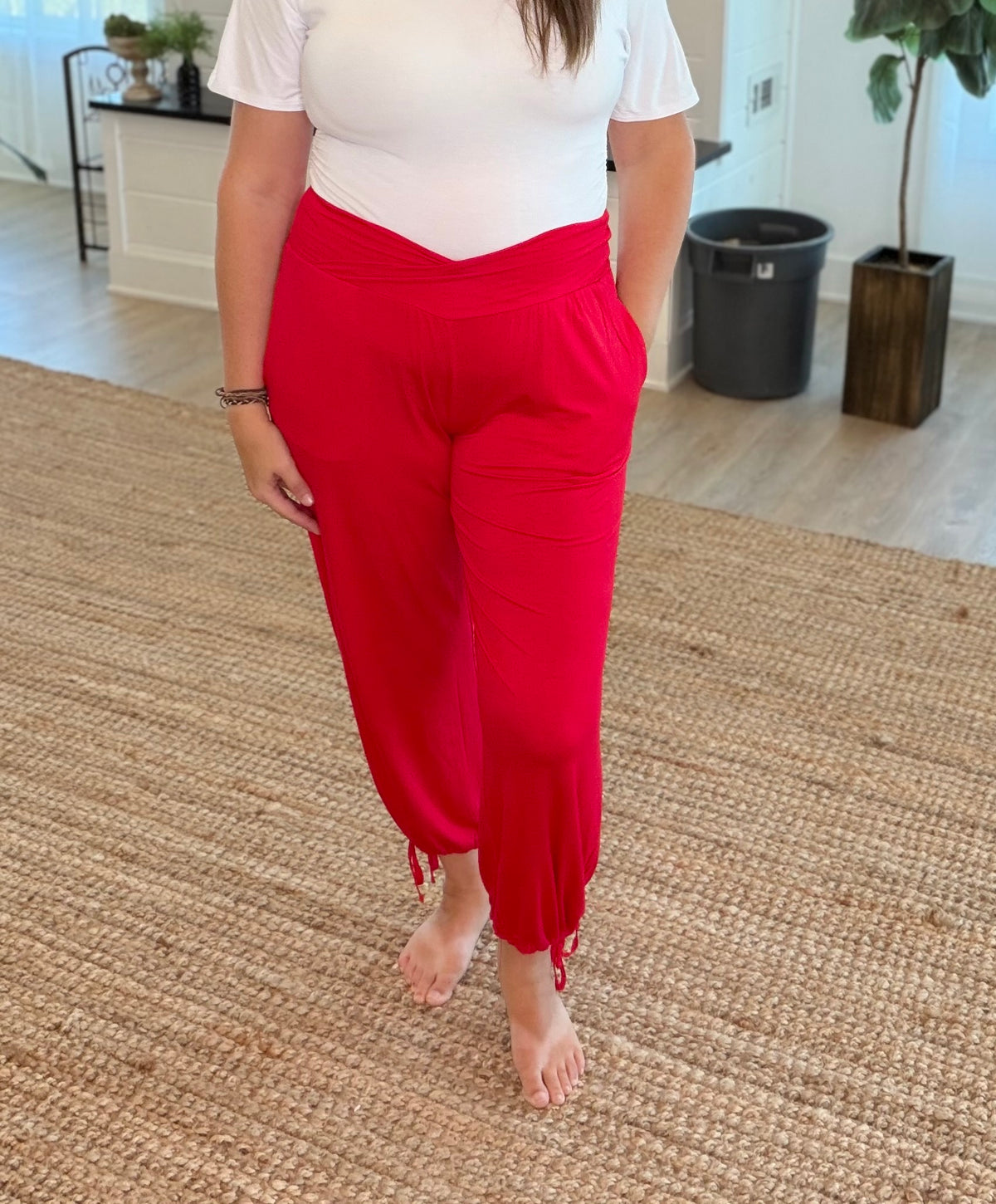 Red Viscose Modal V Crossover Pants