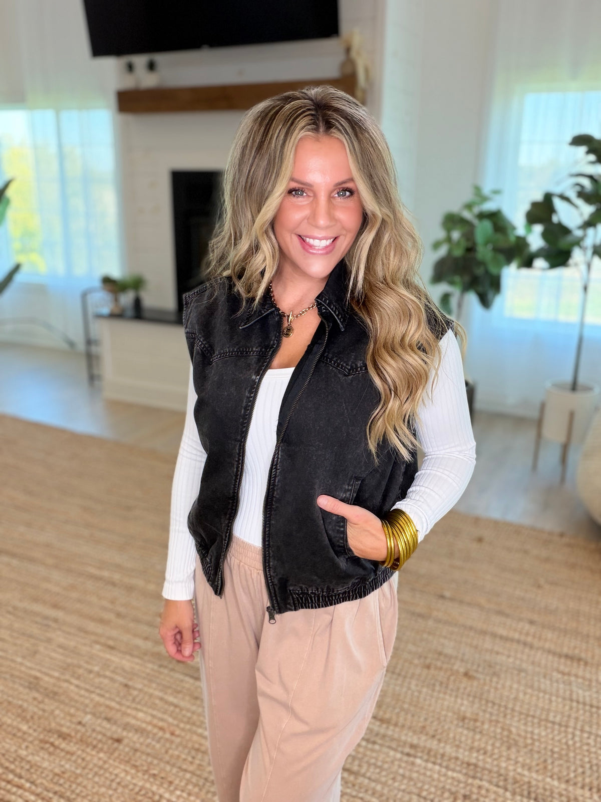 Black Denim Mineral Wash Sleeveless Zip-Up Collar Vest