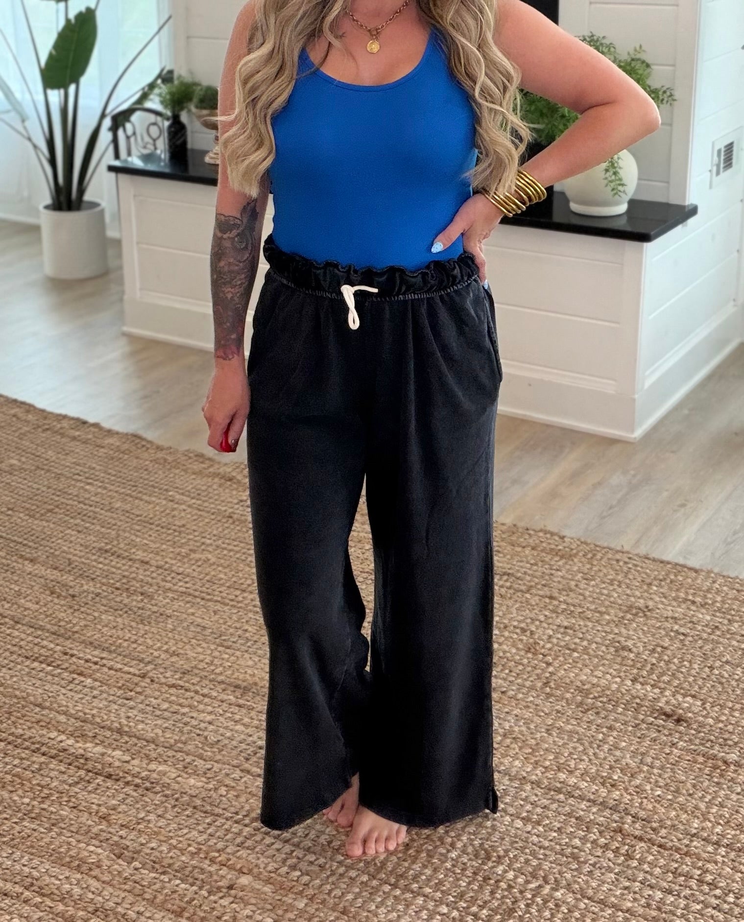 Black Fold Over Waist Wide Leg Sweatpants