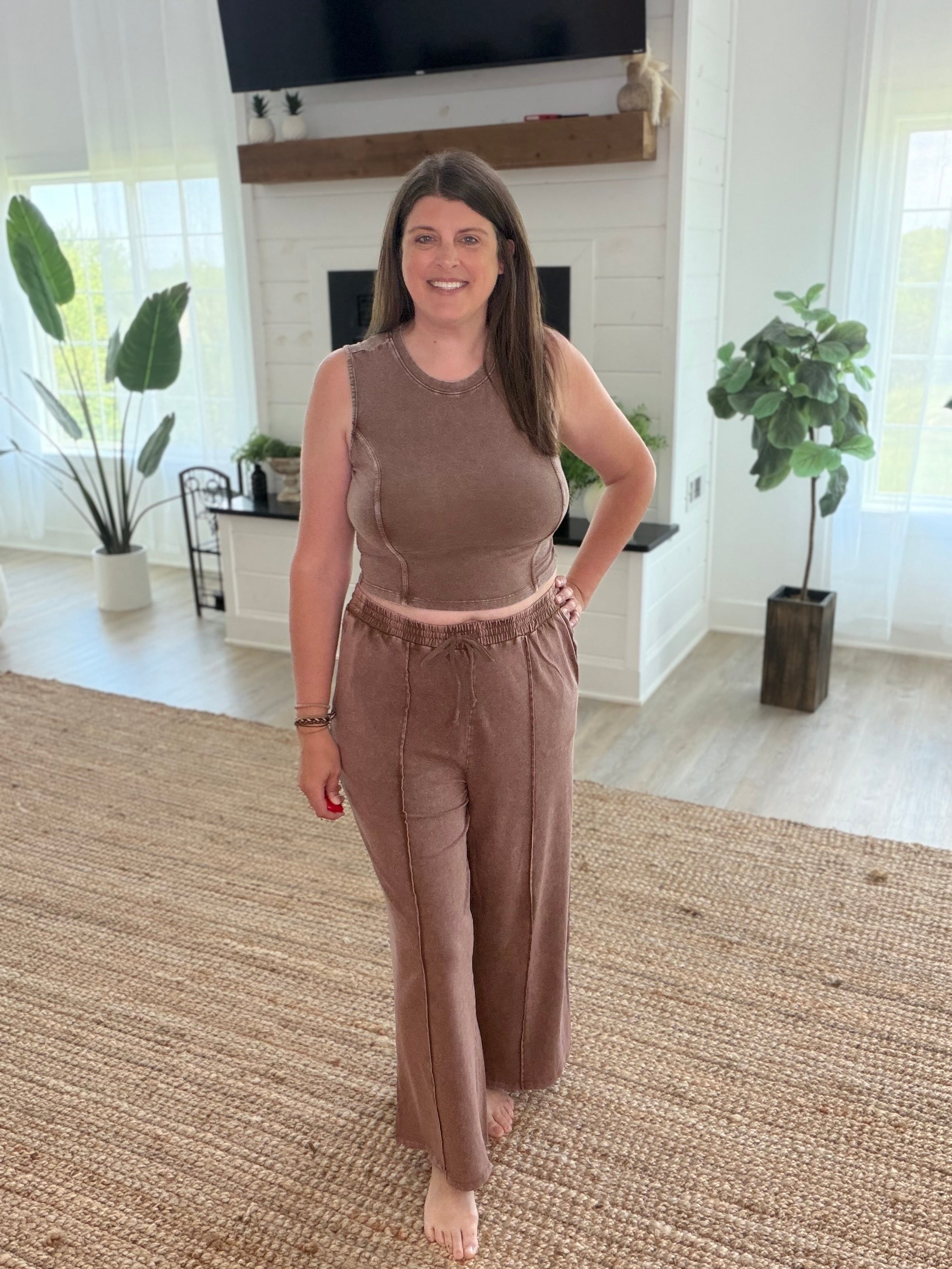 Chocolate Mineral Washed Sleeveless Top & Wide Leg Pants Set