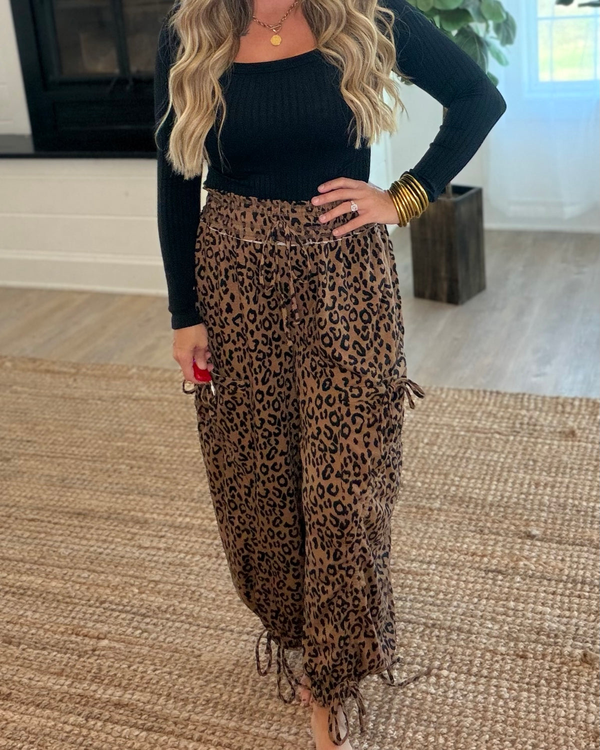 Leopard Print Ruched Balloon Cargo Pants