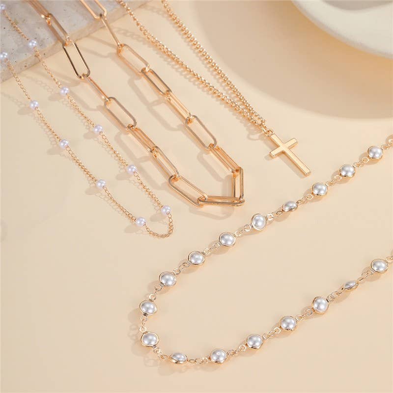 Layered Gold & Pearl Cross Statement Necklace Set
