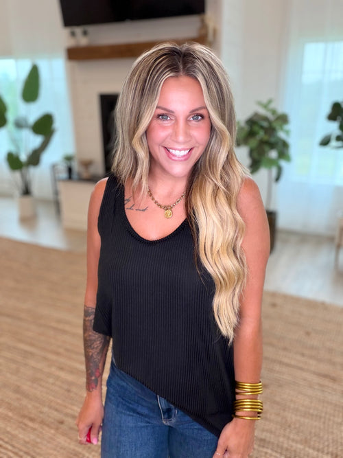 Black Textured Scoop Neck Relaxed Tank