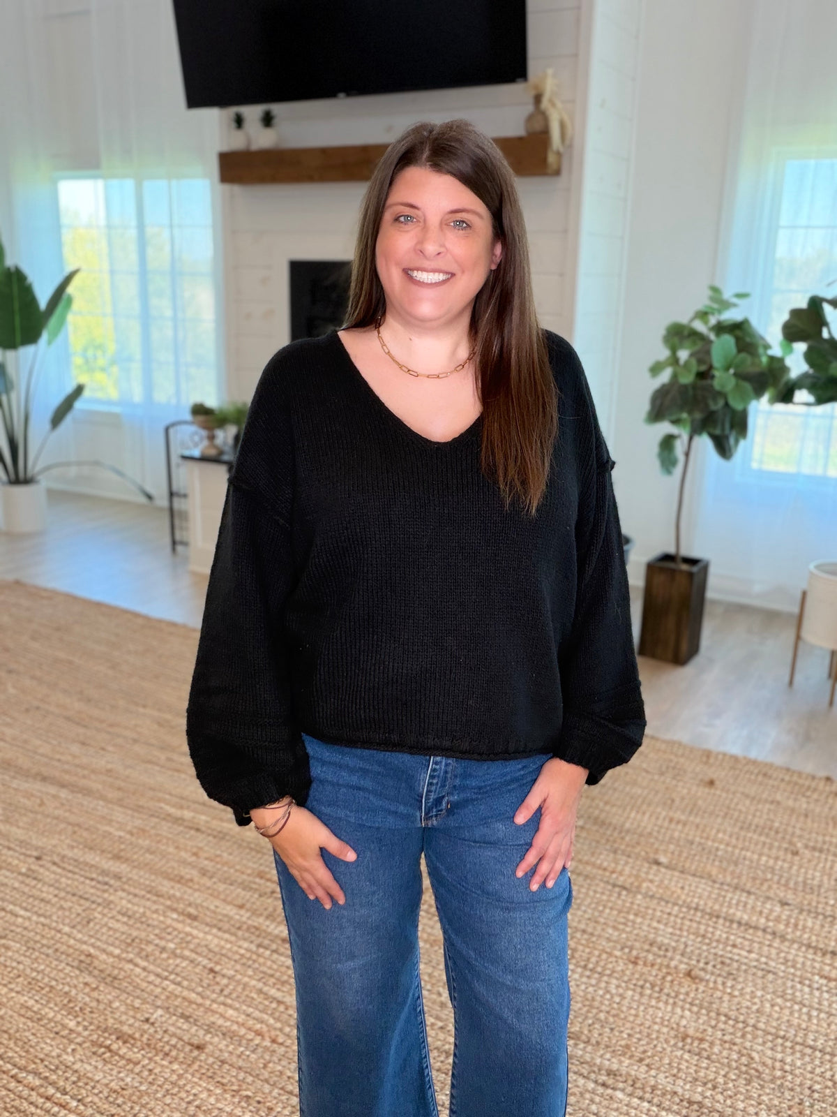Black V Neck Balloon Sleeve Sweater