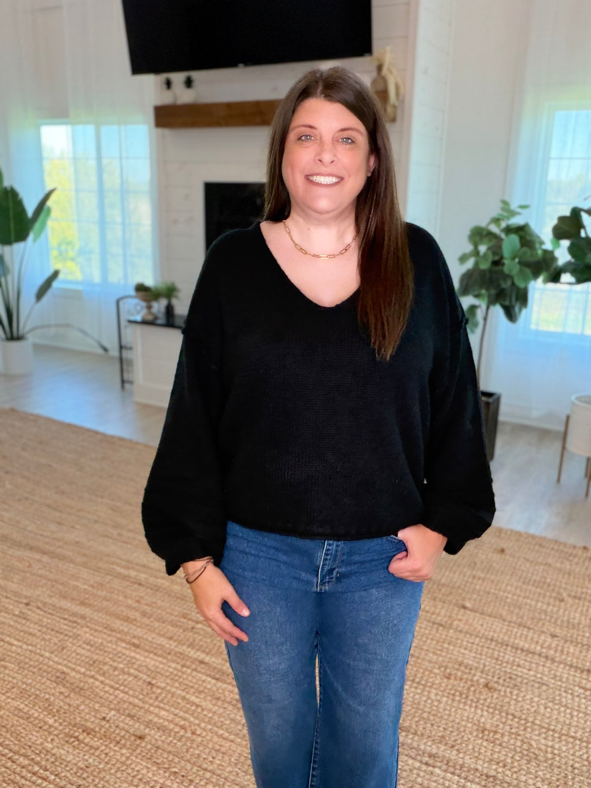 Black V Neck Balloon Sleeve Sweater