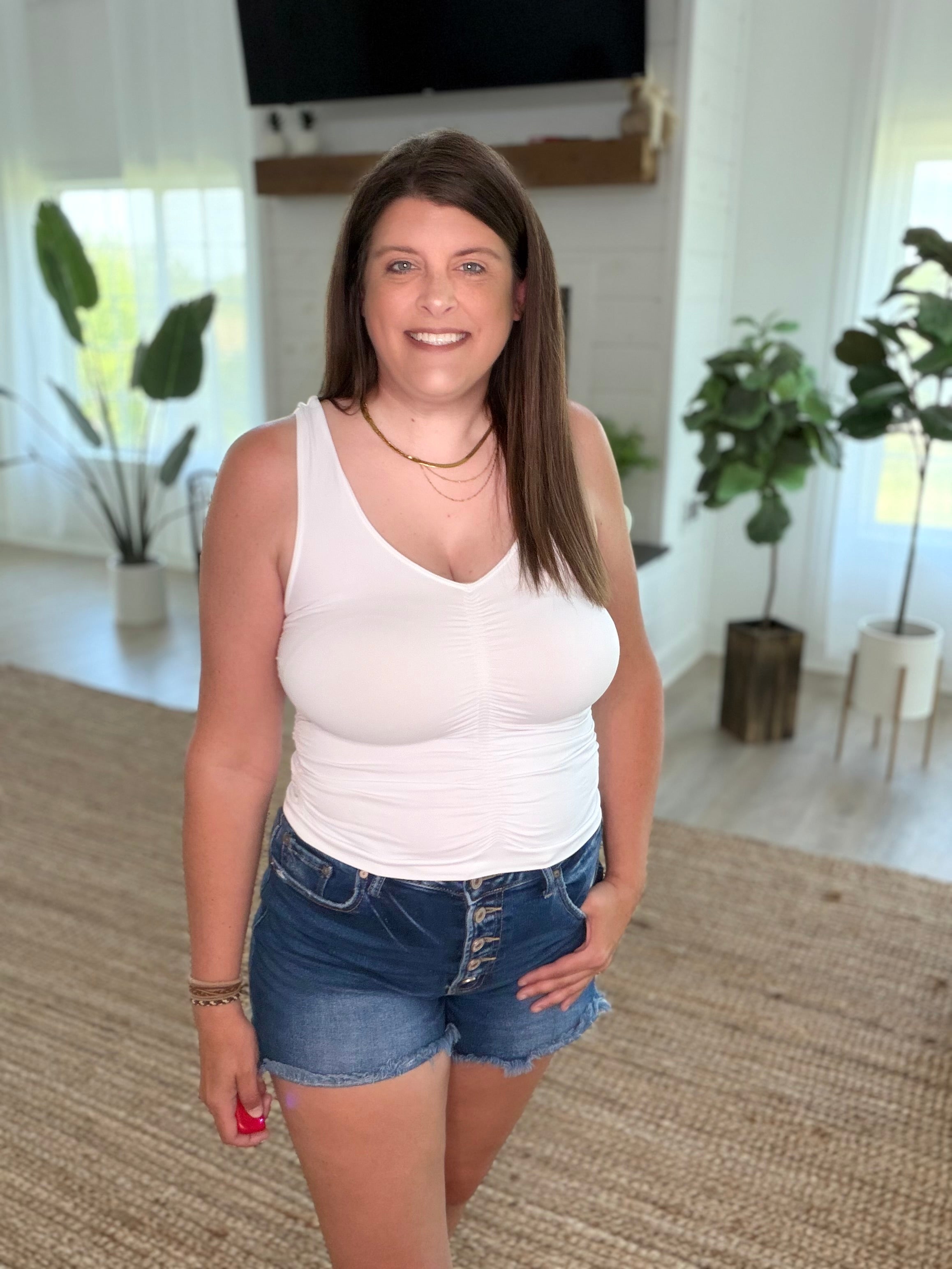Nikibiki White V Neck Shirred Top