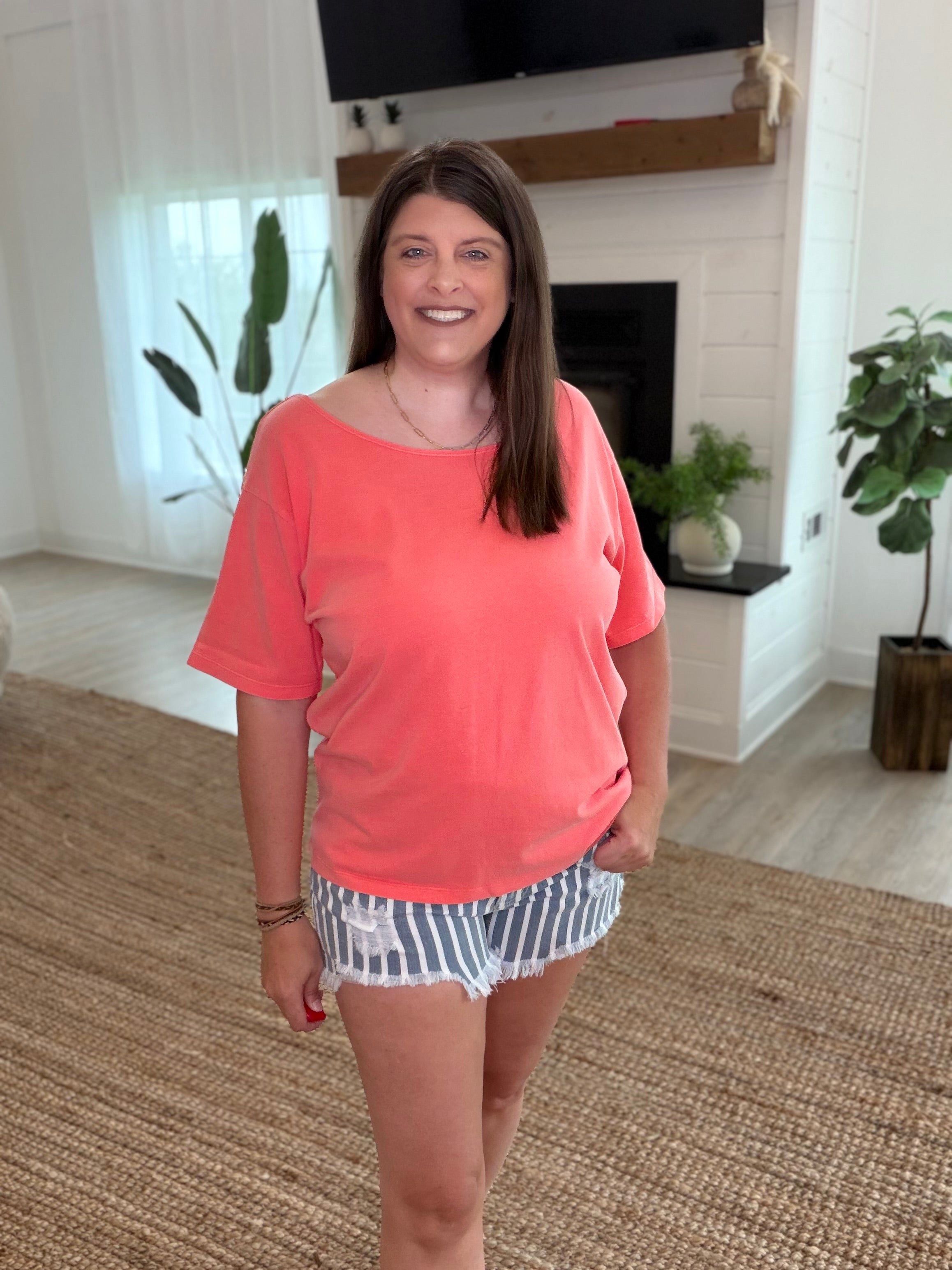 Coral Boat Neck Short Sleeve Tee