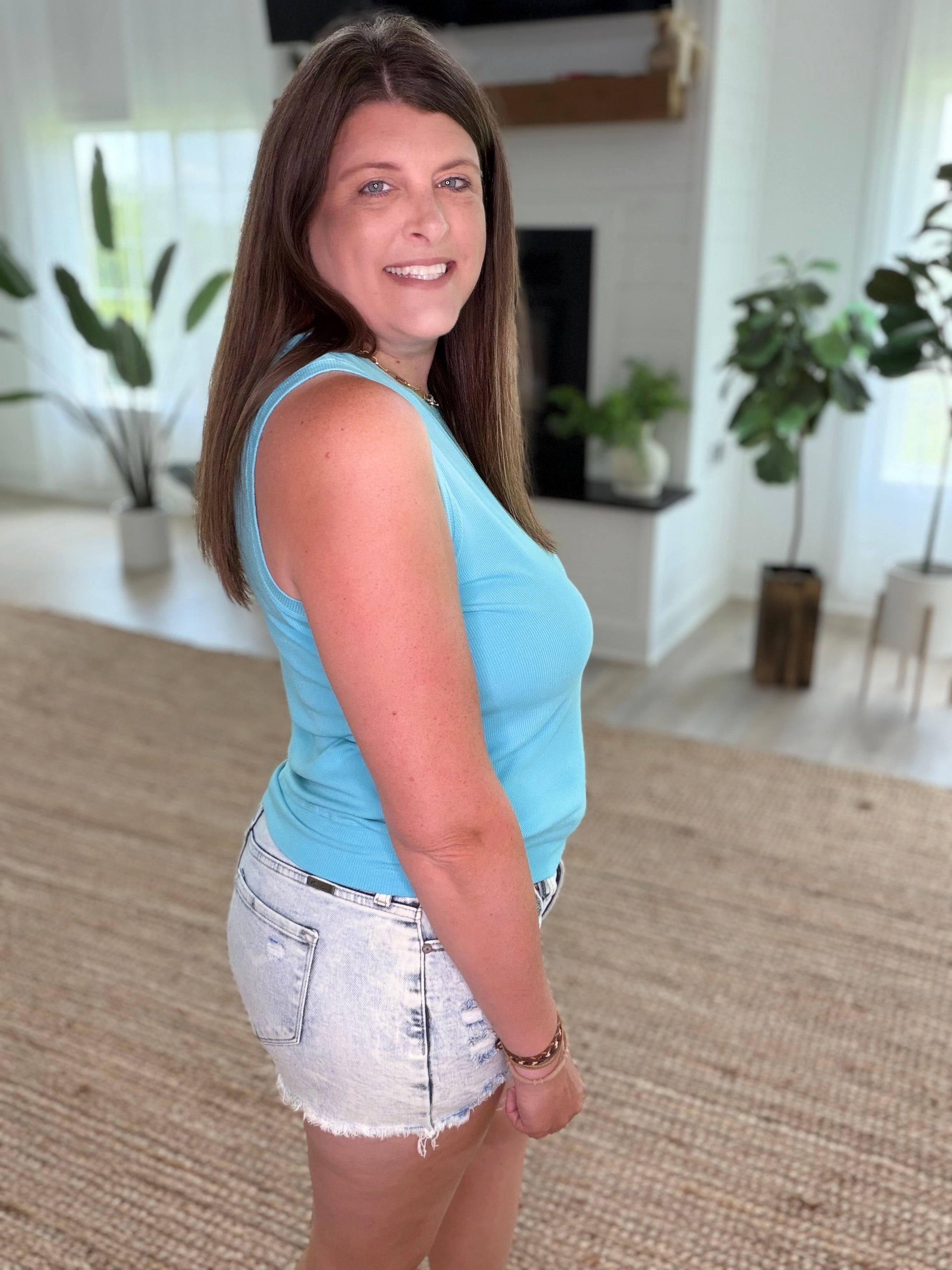 Powder Blue Ribbed Viscose Crew Neck Loose Fit Tank