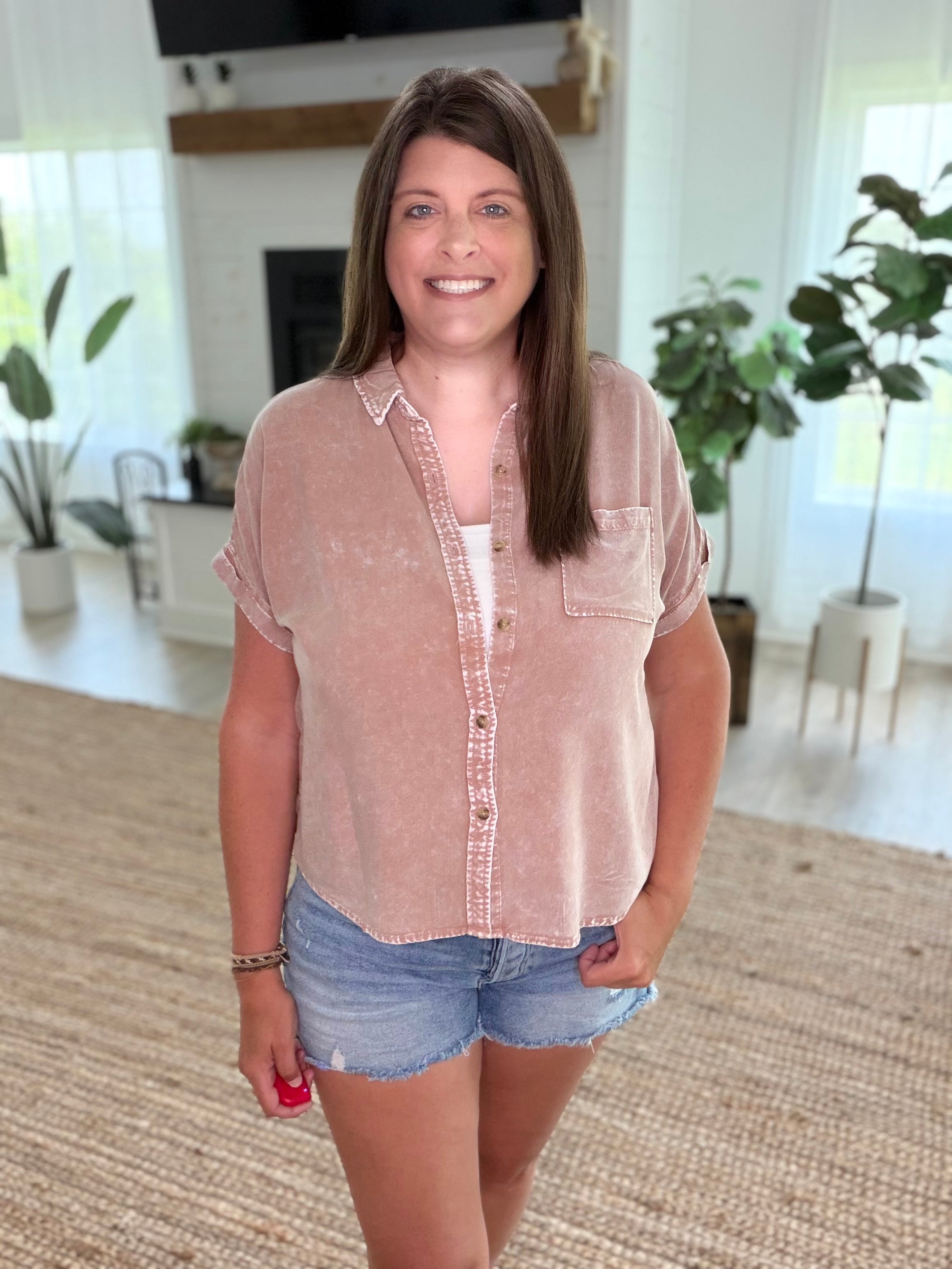 Dark Taupe Mineral Wash Button-Up Dolman Sleeve Shirt